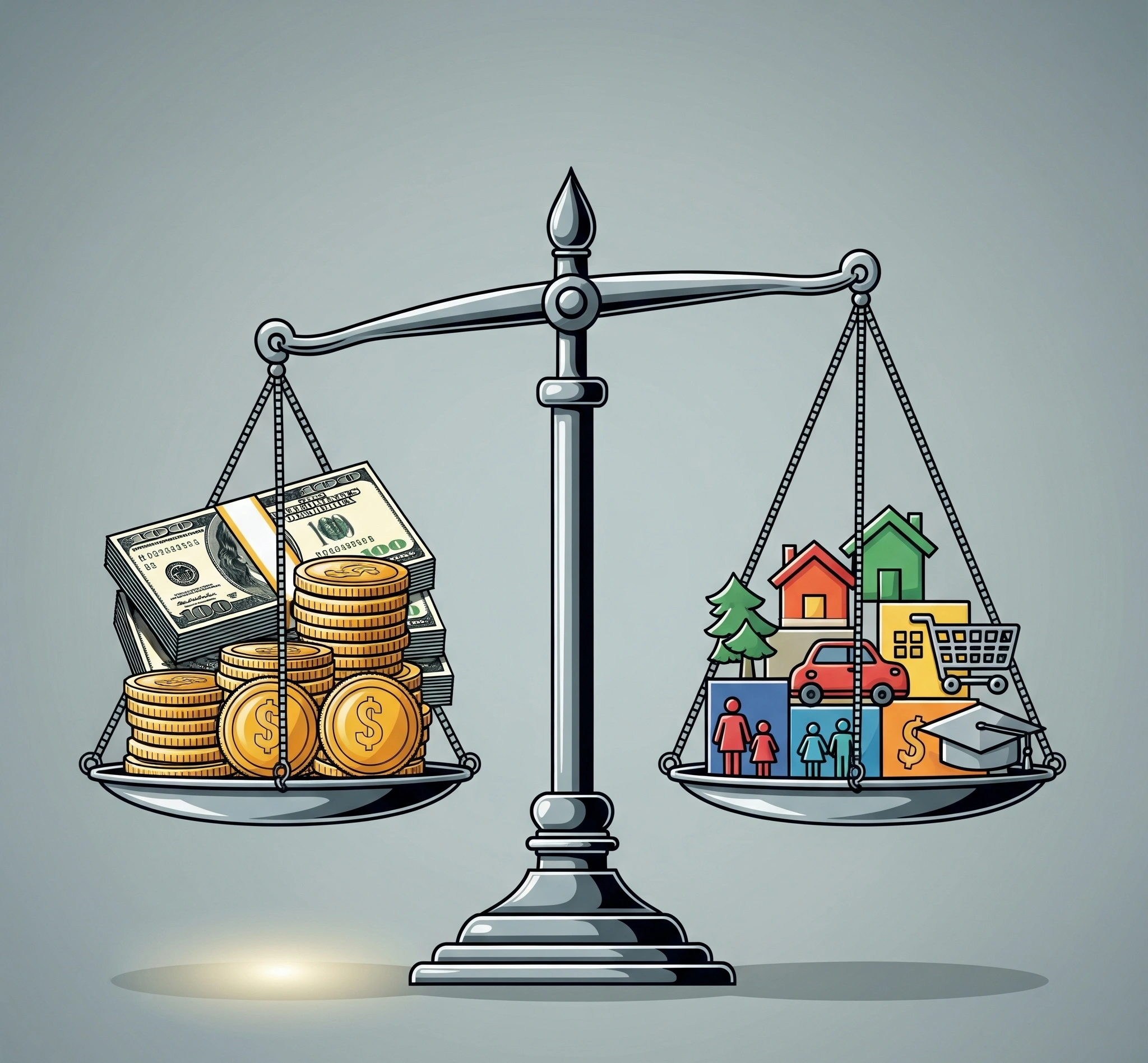 Gambar metafora cetak biru keuangan atau timbangan yang seimbang dengan koinuang di satu sisi dan berbagai ikon pengeluaran di sisi lain, melambangkan perencanaan anggaran yang seimbang.