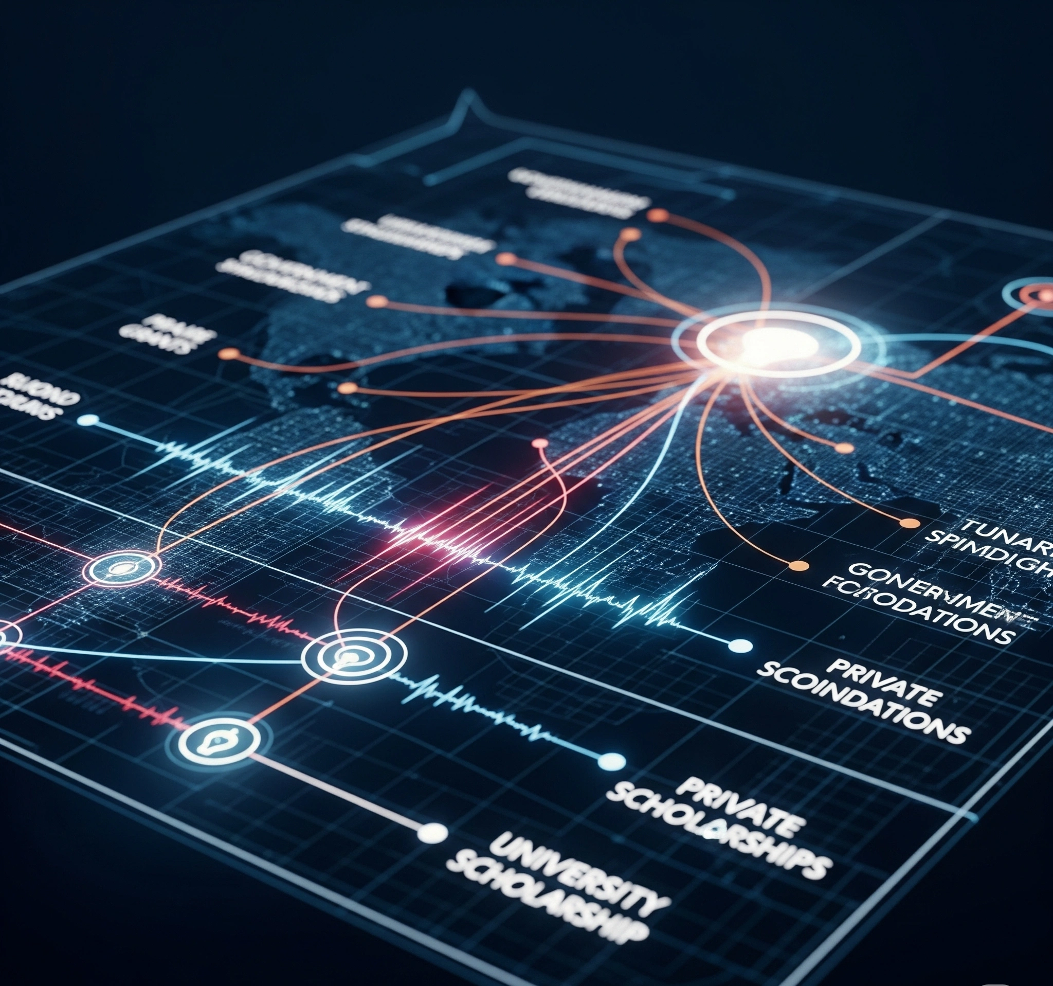 Gambar metafora cetak biru yang bersinar dengan garis-garis yang menghubungkan ide-ide penelitian ke sumber pendanaan, melambangkan perencanaan strategis untuk mendapatkan beasiswa pascasarjana.