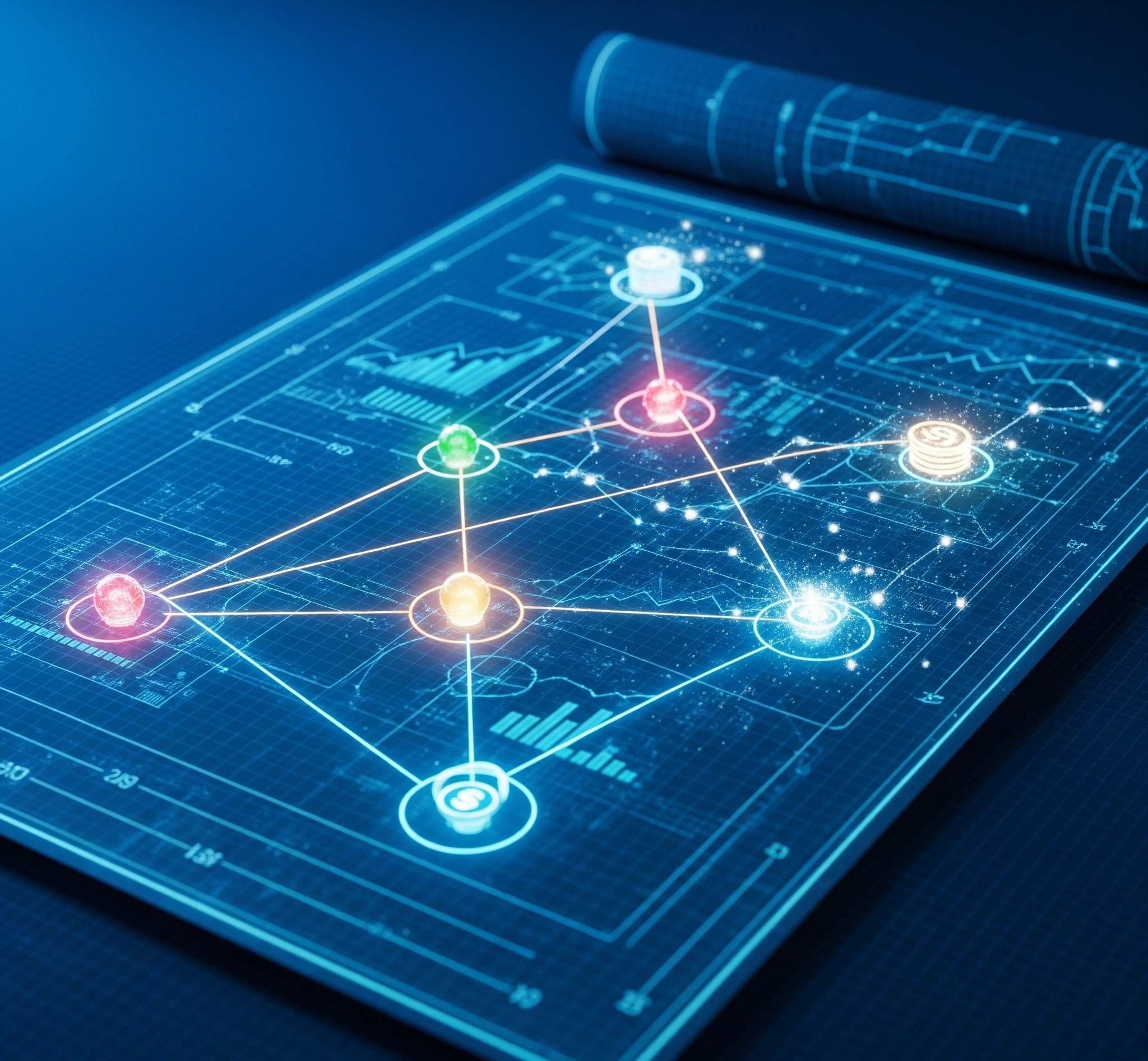 Gambar metafora cetak biru yang bersinar dengan garis-garis yang menghubungkan ide-ide penelitian ke sumber pendanaan, melambangkan perencanaan strategis untuk mendapatkan hibah penelitian.