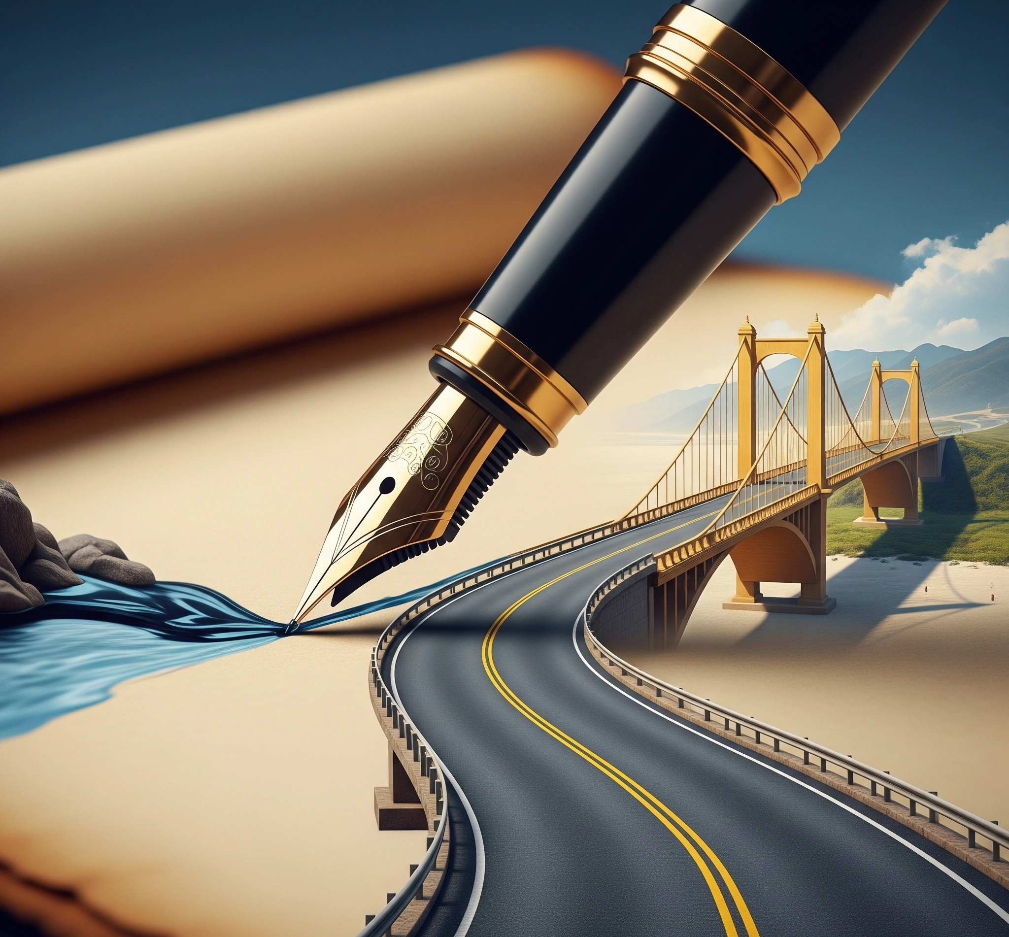 Gambar metafora pena yang menulis pada gulungan kertas yang secara bertahap berubah menjadi jembatan atau jalan yang bersinar, melambangkan kekuatan narasi dalam menciptakan jalur menuju kesuksesan.