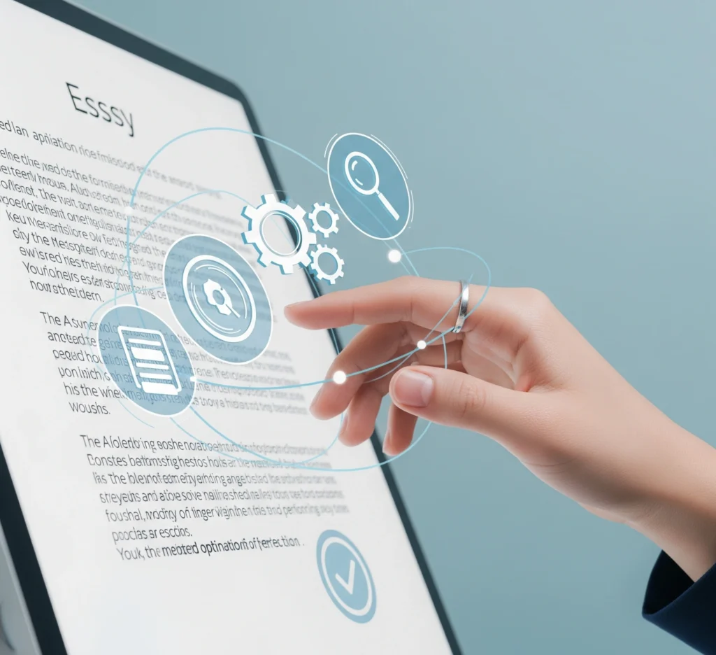 Gambar metafora tangan siswa yang sedang mengedit esai di layar komputer, dengan ikon kaca pembesar, roda gigi, dan tanda centang, melambangkan proses optimasi dan penyempurnaan yang cermat.