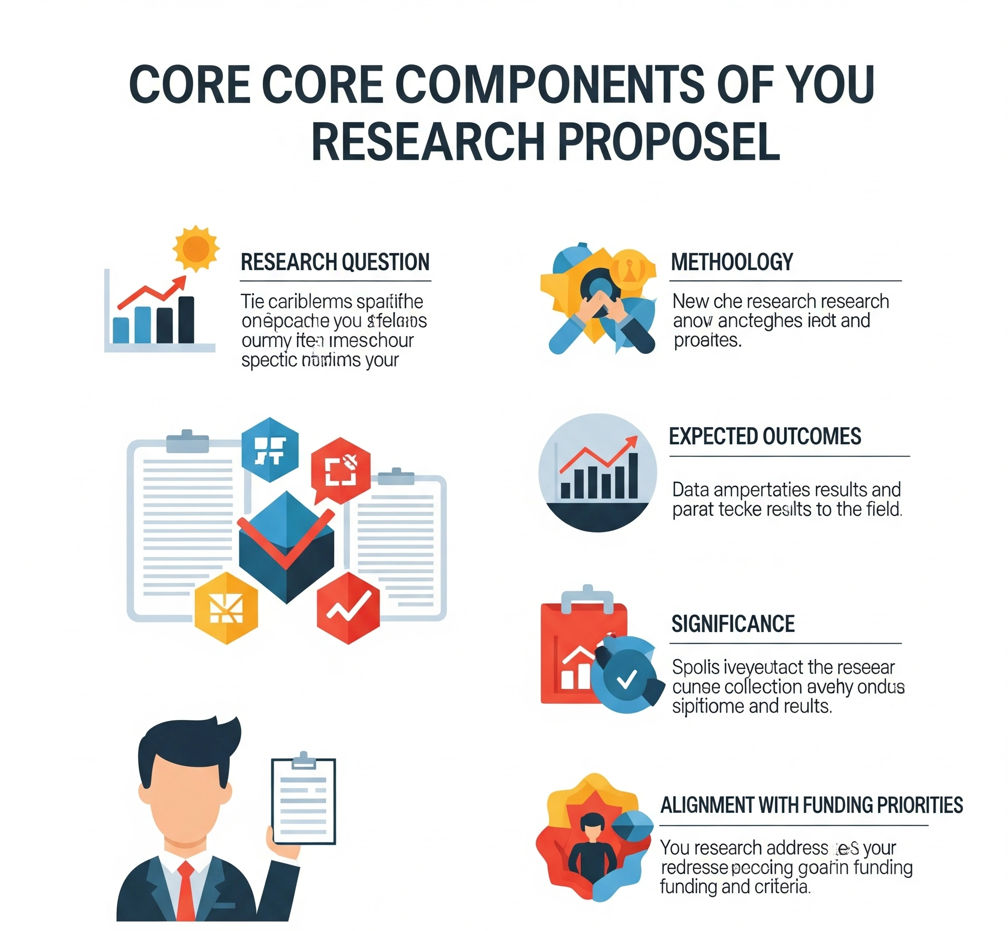Infografis yang menampilkan komponen kunci dari proposal penelitian Pertanyaan Penelitian, Metodologi, Hasil yang Diharapkan, Signifikansi, dan Penyelarasan dengan Prioritas Pendanaan.