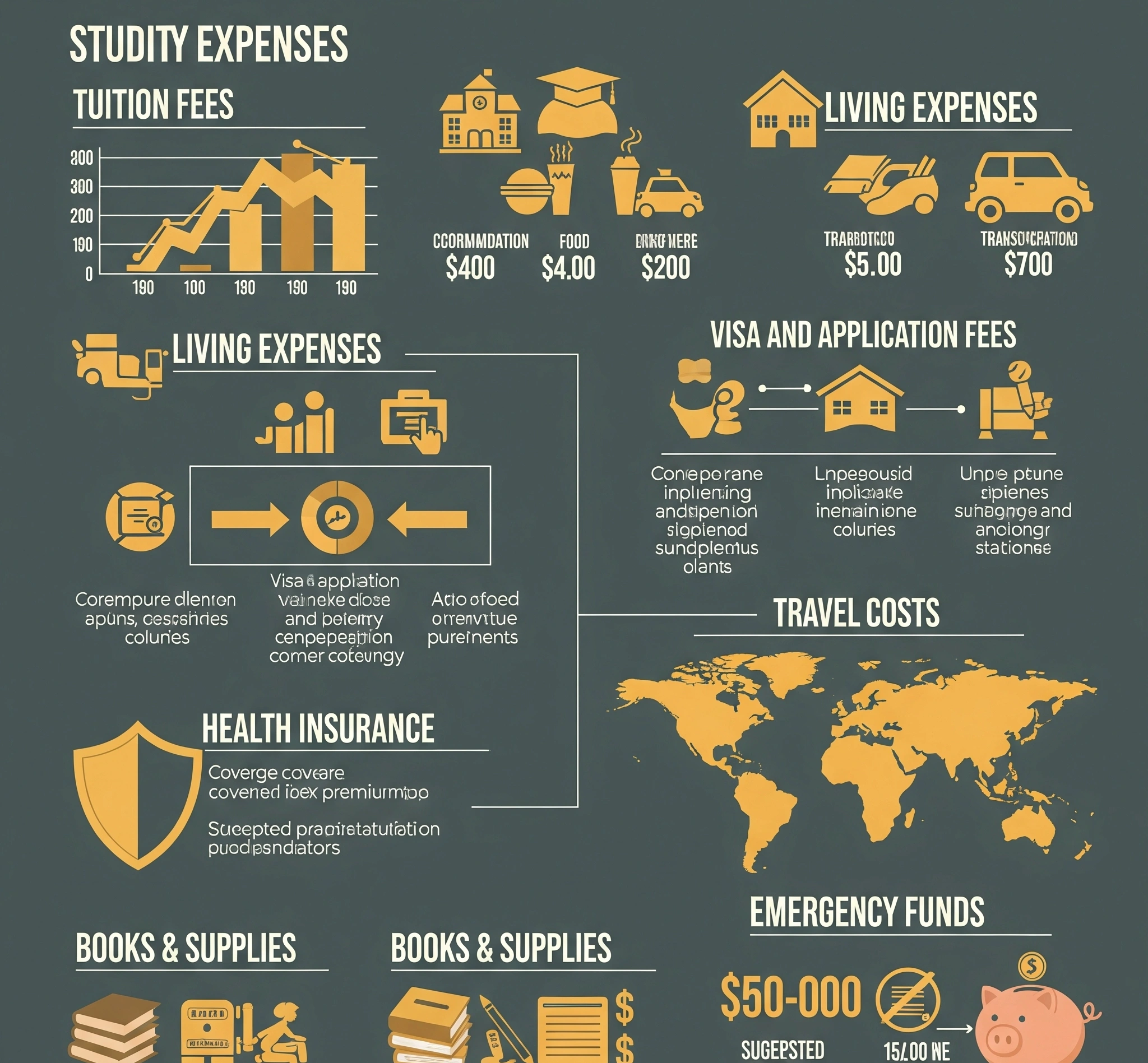 Infografis yang menunjukkan rincian biaya studi di luar negeri Biaya Kuliah, Biaya Hidup (Akomodasi, Makanan, Transportasi), Biaya Visa & Aplikasi, Asuransi Kesehatan, Biaya Perjalanan, Buku & Perlengkapan, da