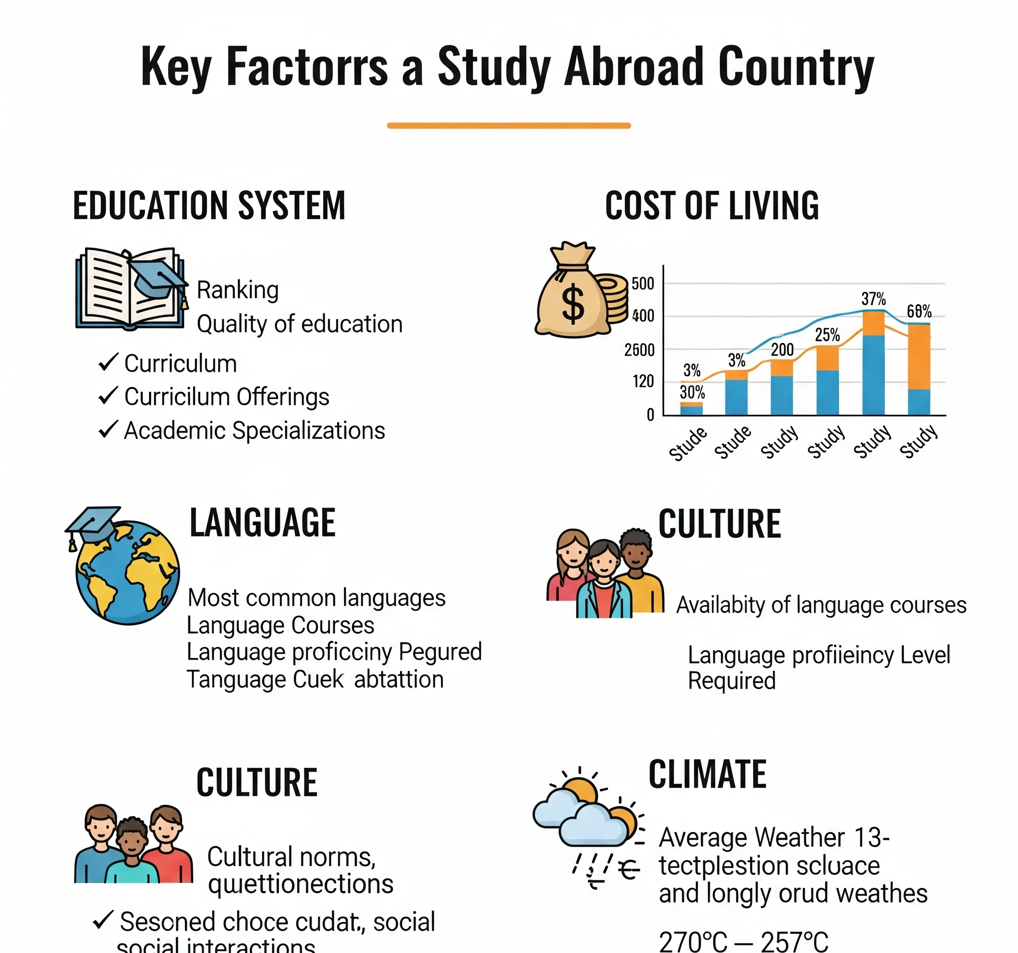 Infographic illustrating key factors in choosing a study abroad country Education System, Cost of Living, Language, Culture, and Climate, with relevant icons for each.