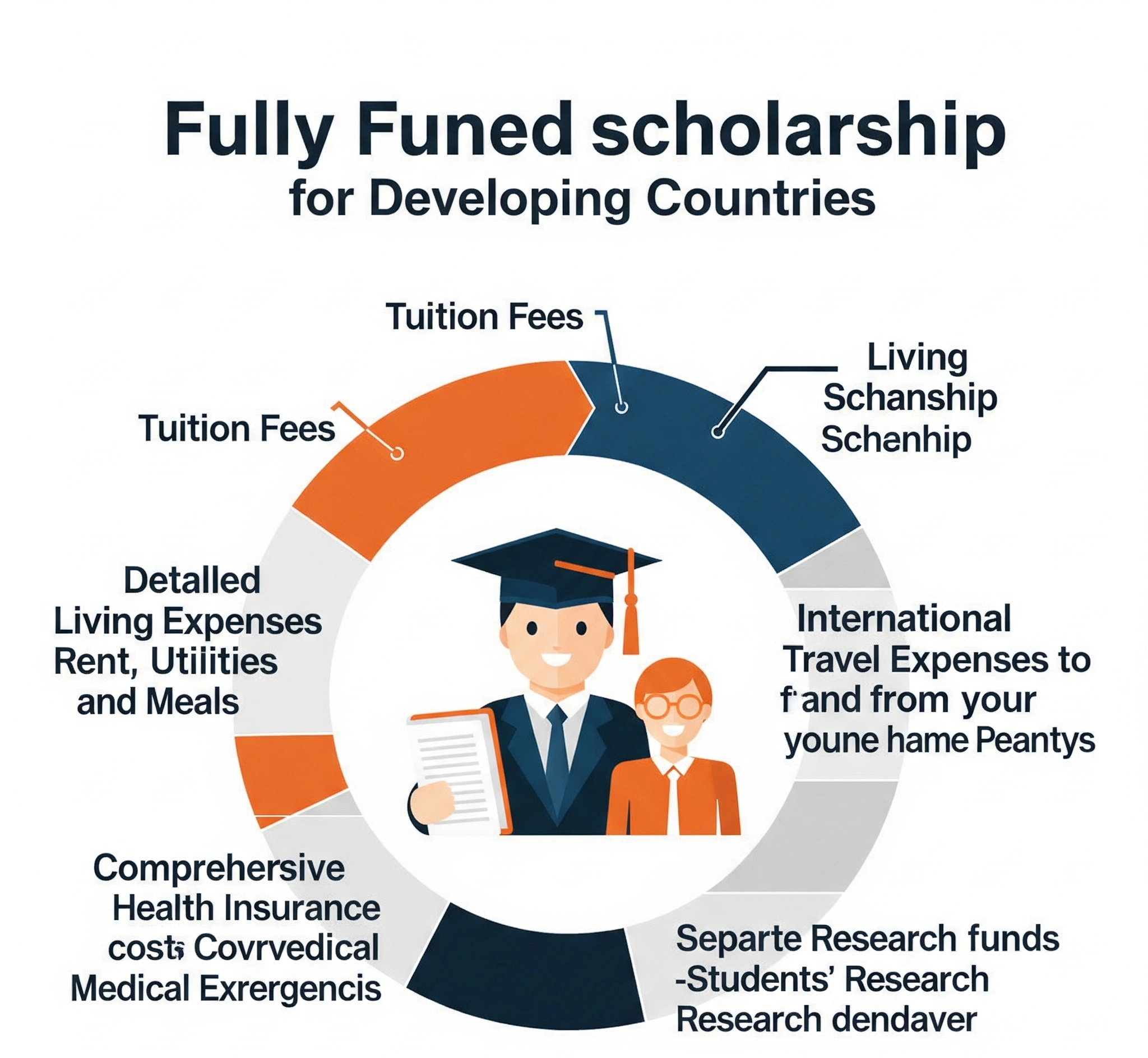 Infographic illustrating the breakdown of fully funded scholarships for developing countries, showing sections for tuition, living expenses, travel, health insurance, and research funds.