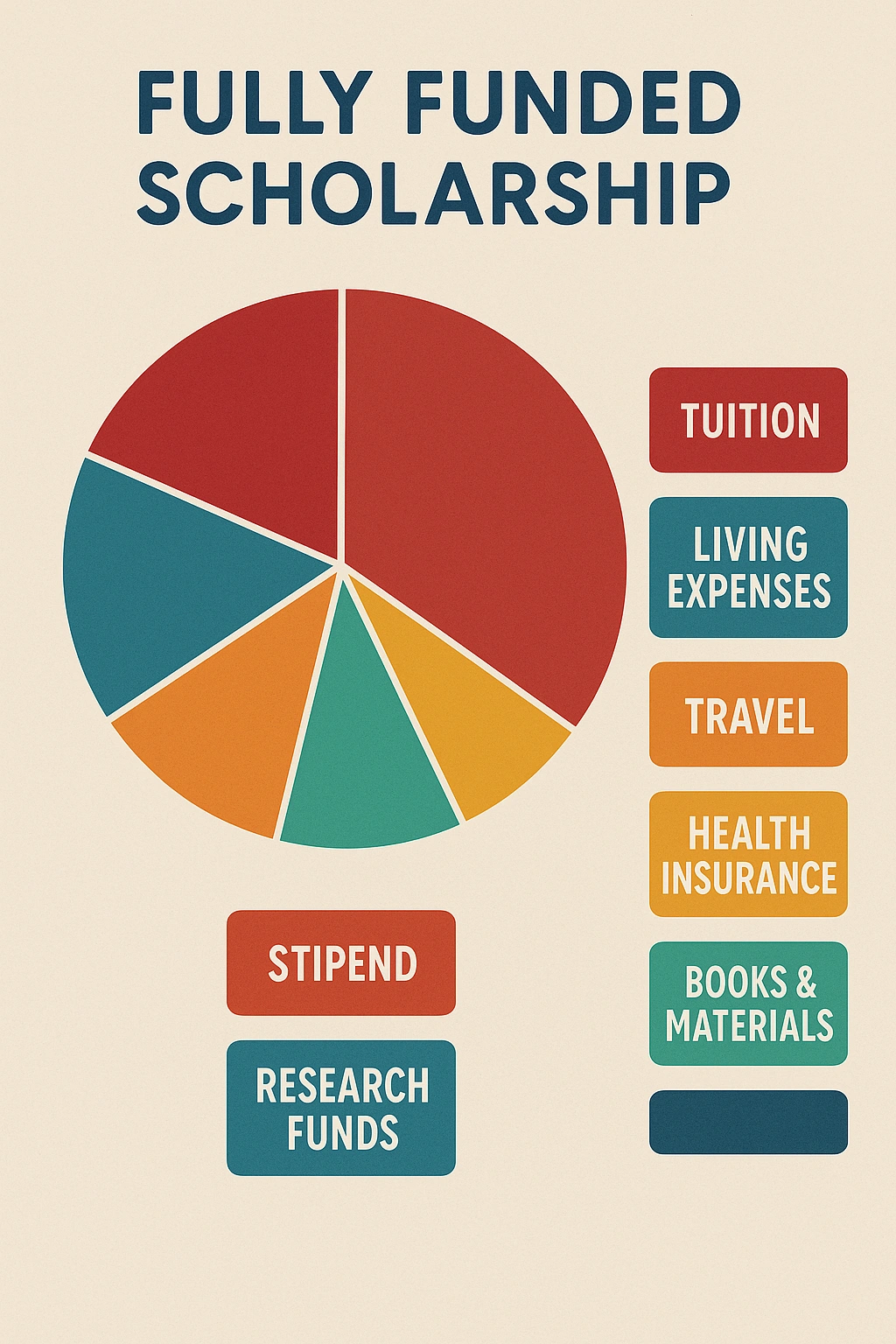 Infographic showing fully funded scholarship components as a pie chart, including Tuition, Living Expenses, Travel, Health Insurance, Books & Materials, Stipend, and Research Funds.