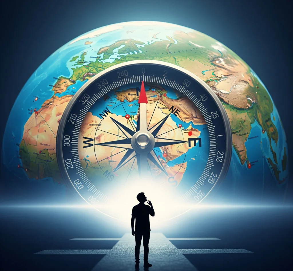 Metaphorical image of a compass pointing to various countries on a globe, with a student's silhouette in the foreground making a thoughtful decision, symbolizing guided choice.