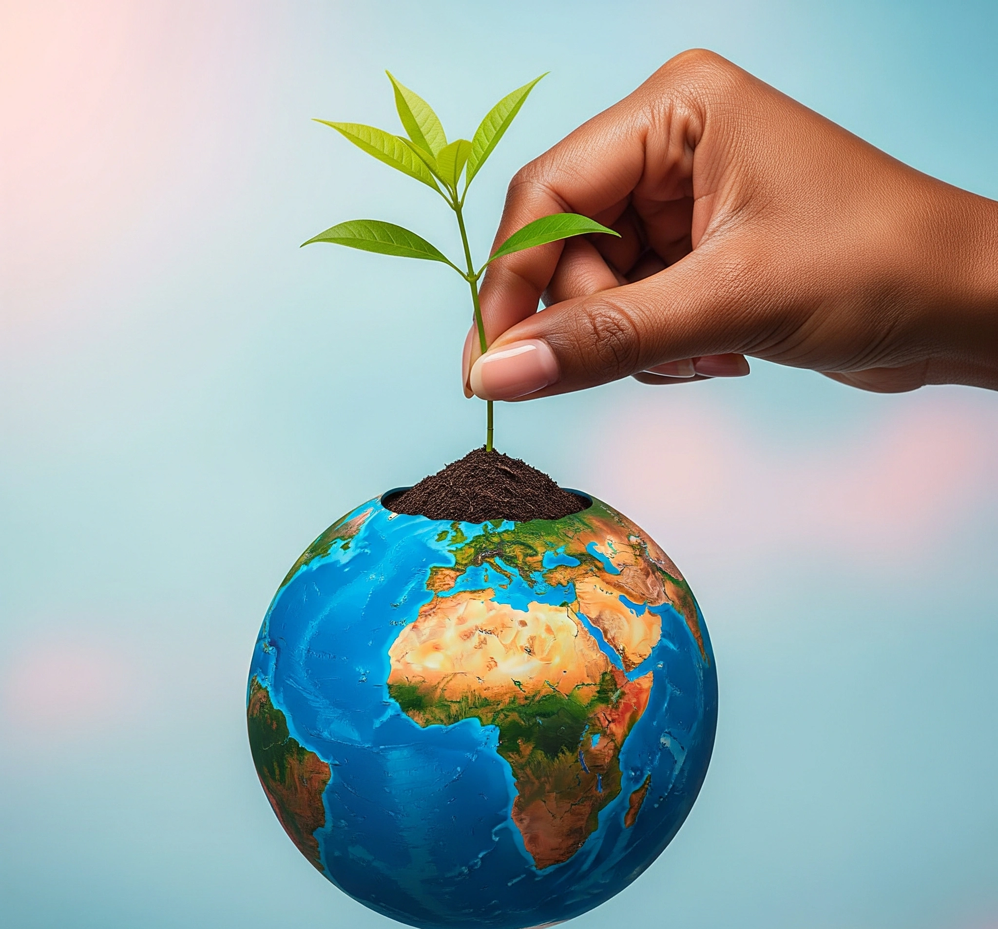 Metaphorical image of a hand holding a small seedling growing out of a globe, symbolizing growth, development, and nurturing global talent from developing countries.