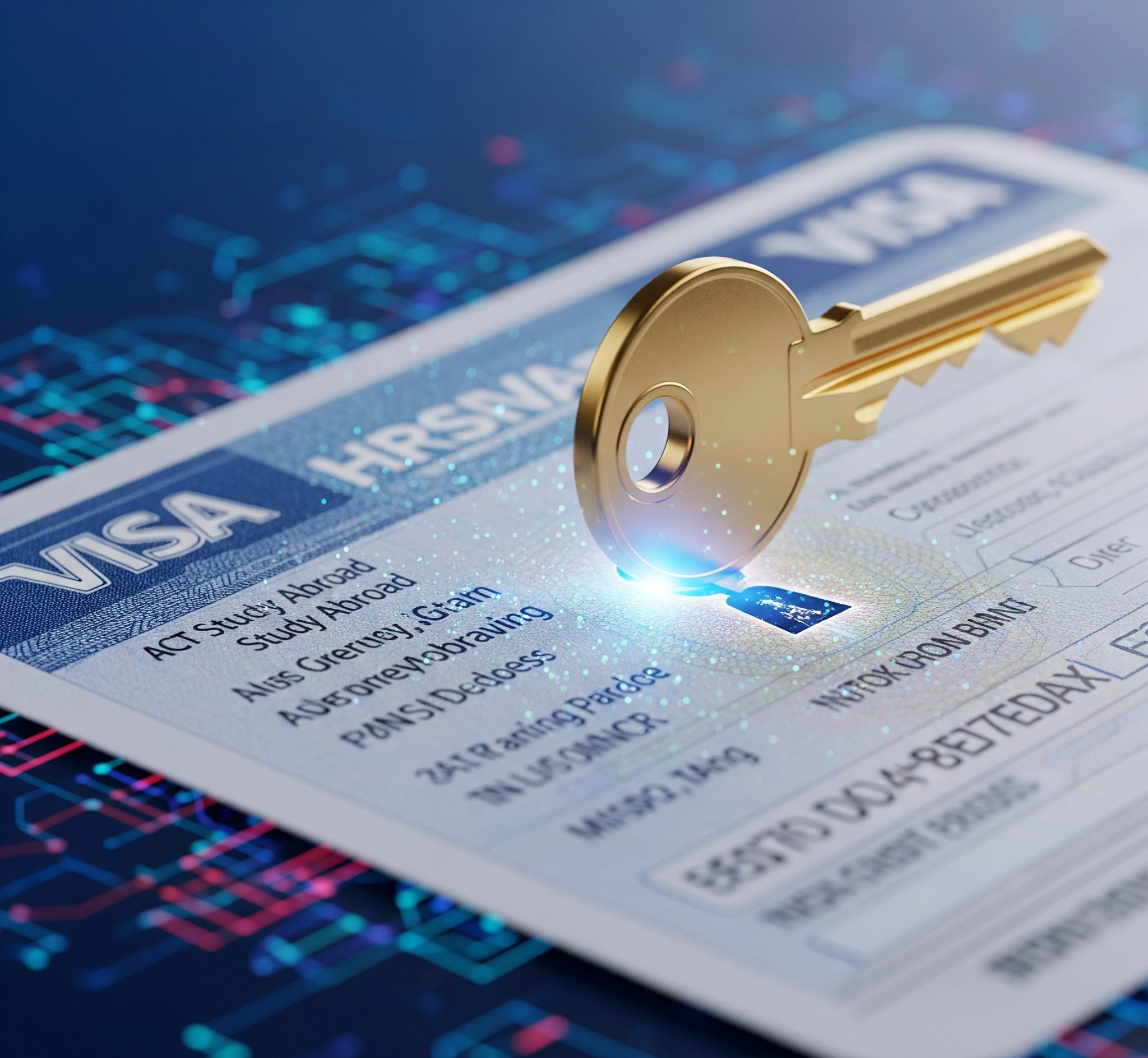 Metaphorical image of a key unlocking a complex visa document or a digital lock, symbolizing unlocking the path to study abroad.