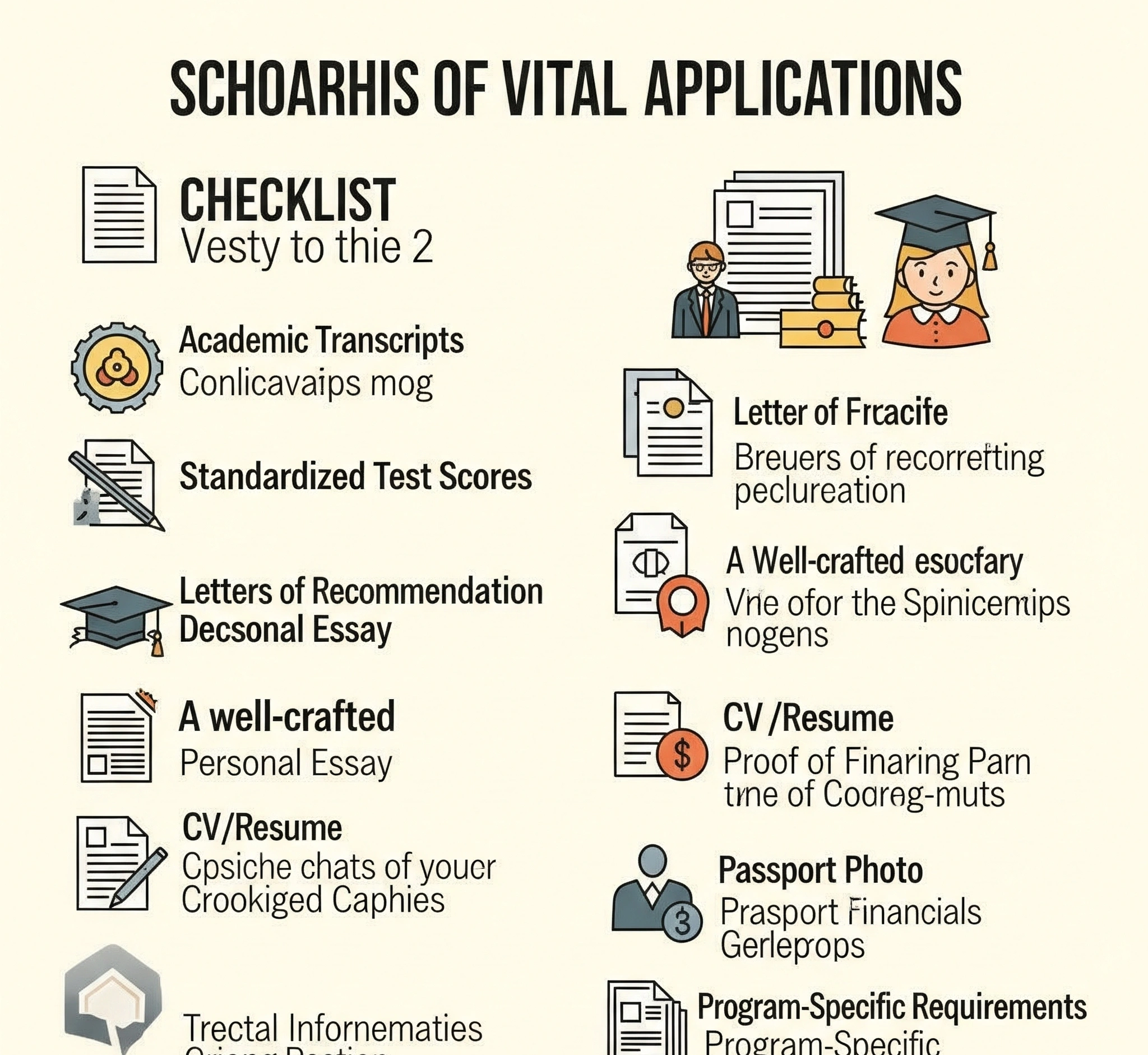 Infografis yang menampilkan daftar dokumen penting untuk aplikasi beasiswa Transkrip Akademik, Nilai Ujian Standar, Surat Rekomendasi, Esai Pribadi, CV, Bukti Keuangan, Paspor, dan Persyaratan Khusus Program, 