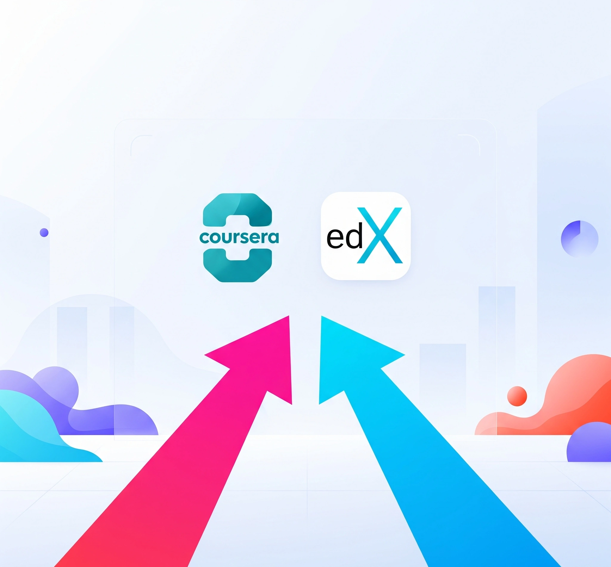 Gambar simbolis yang menunjukkan dua platform pembelajaran online (Coursera dan edX) yang bersaing, diwakili oleh ikon atau logo yang berbeda, dengan panah yang menunjukkan perbandingan dan pilihan. Latar bela