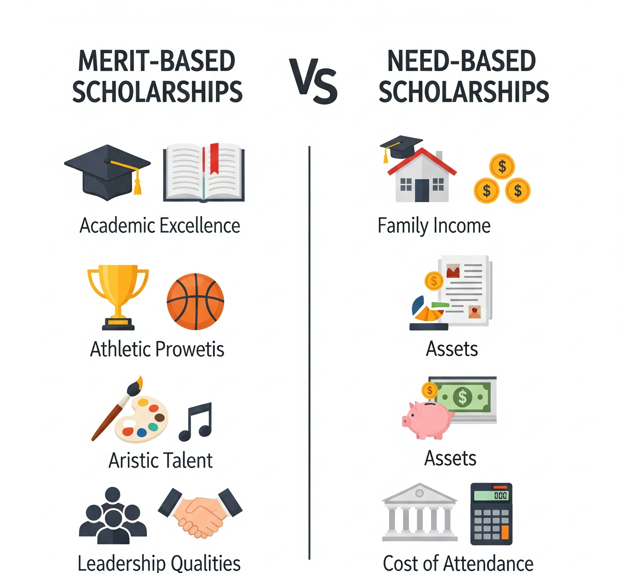 Infographic comparing Merit-Based and Need-Based Scholarships. Merit side shows icons for academic excellence, sports, arts, and leadership. Need side shows icons for family income, assets, and cost of attenda