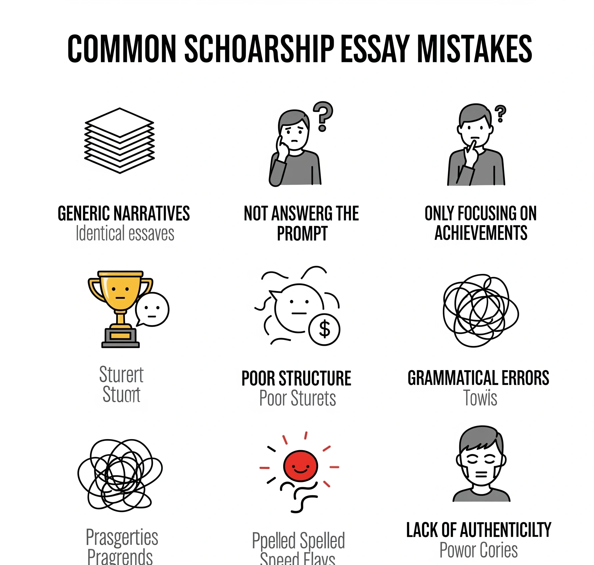 Infografis yang menampilkan kesalahan umum esai beasiswa Narasi Generik, Tidak Menjawab Prompt, Hanya Fokus pada Prestasi, Struktur Buruk, Kesalahan Tata Bahasa, dan Kurangnya Keaslian, masing-masing dengan ik