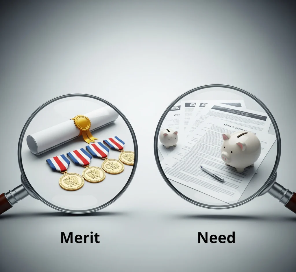 Metaphorical image of two magnifying glasses, one labeled 'Merit' focusing on a diploma and medals, and the other labeled 'Need' focusing on financial documents and a piggy bank, symbolizing focused analysis.