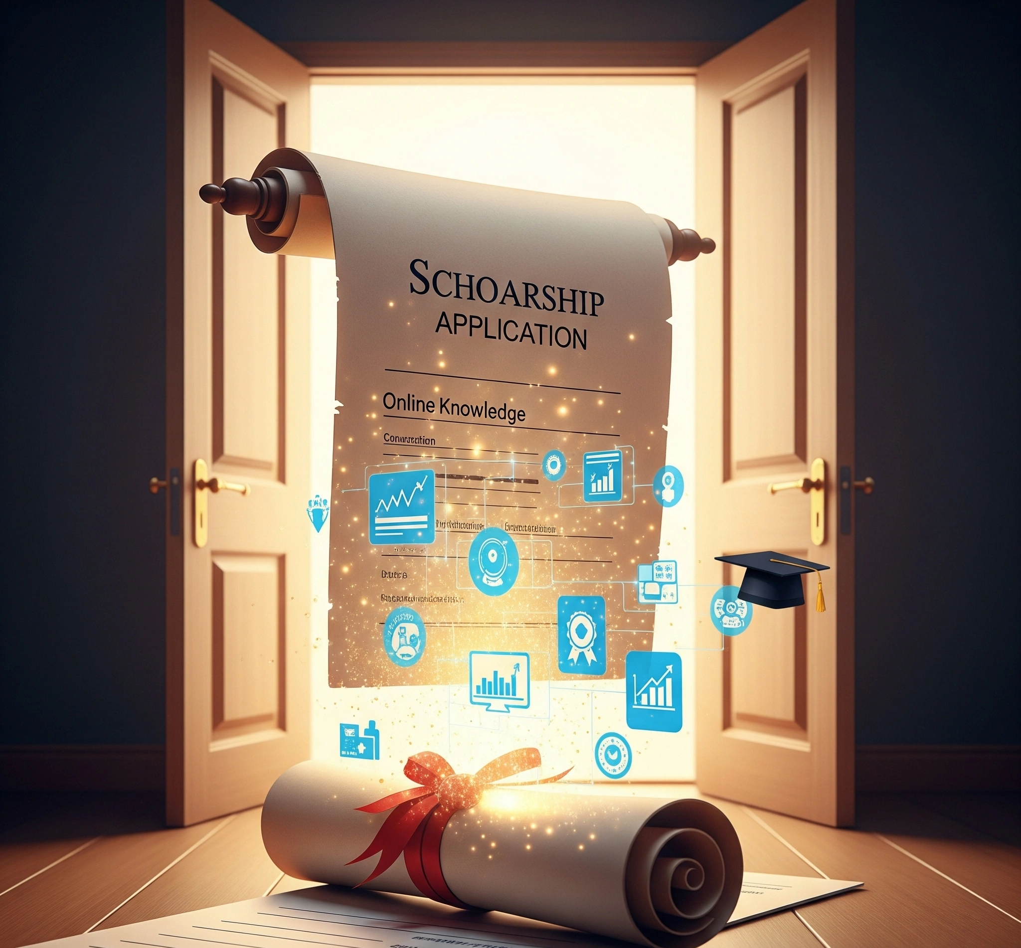 A symbolic and artistic image representing a scholarship application transforming, with elements of digital knowledge (online courses, certifications) glowing and integrating into a traditional academic scroll