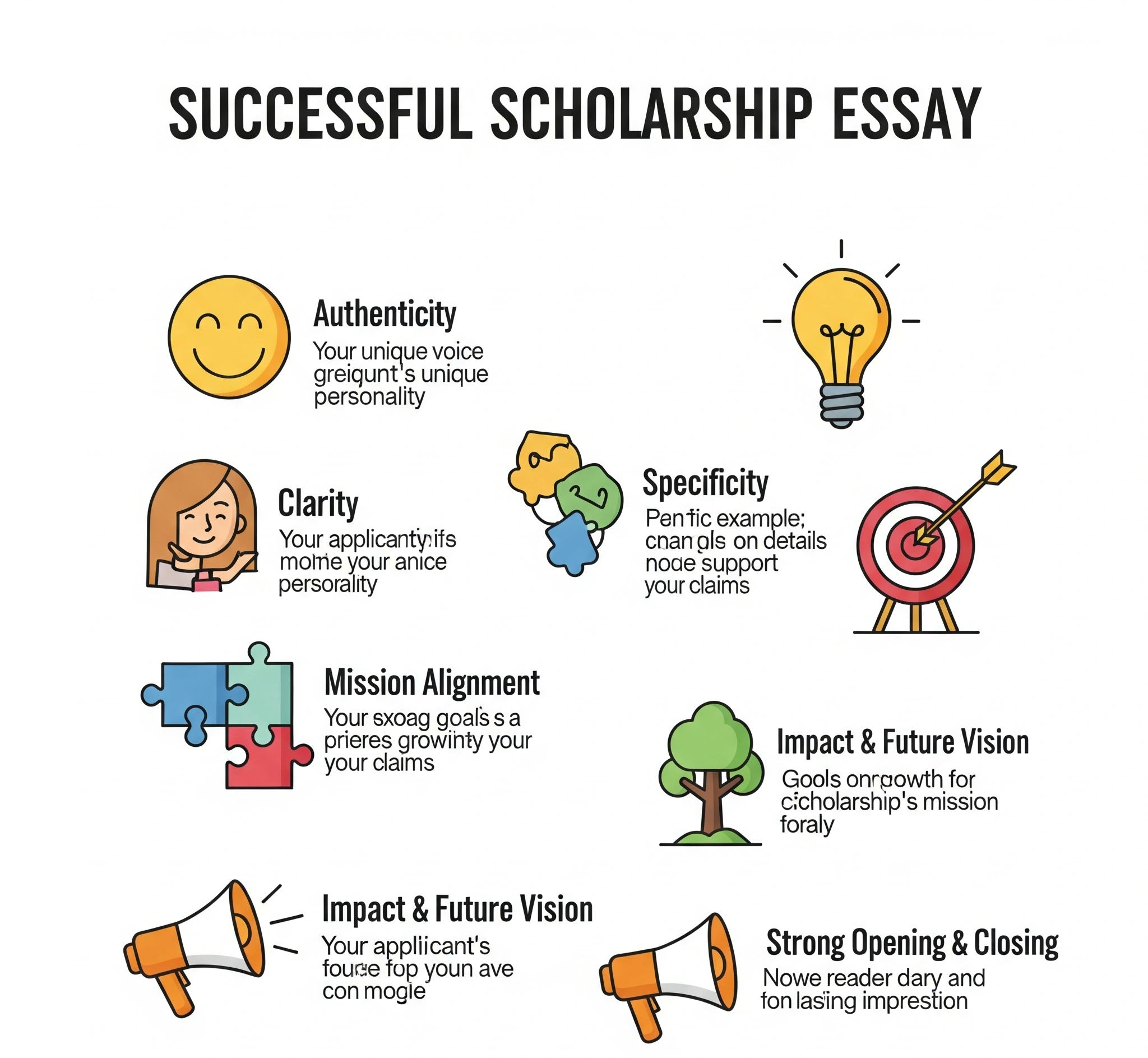 Infografis yang menggambarkan komponen kunci esai beasiswa Keaslian, Kejelasan, Spesifisitas, Penyelarasan Misi, Dampak & Visi Masa Depan, dan Pembukaan & Penutup yang Kuat, masing-masing dengan ikon represent