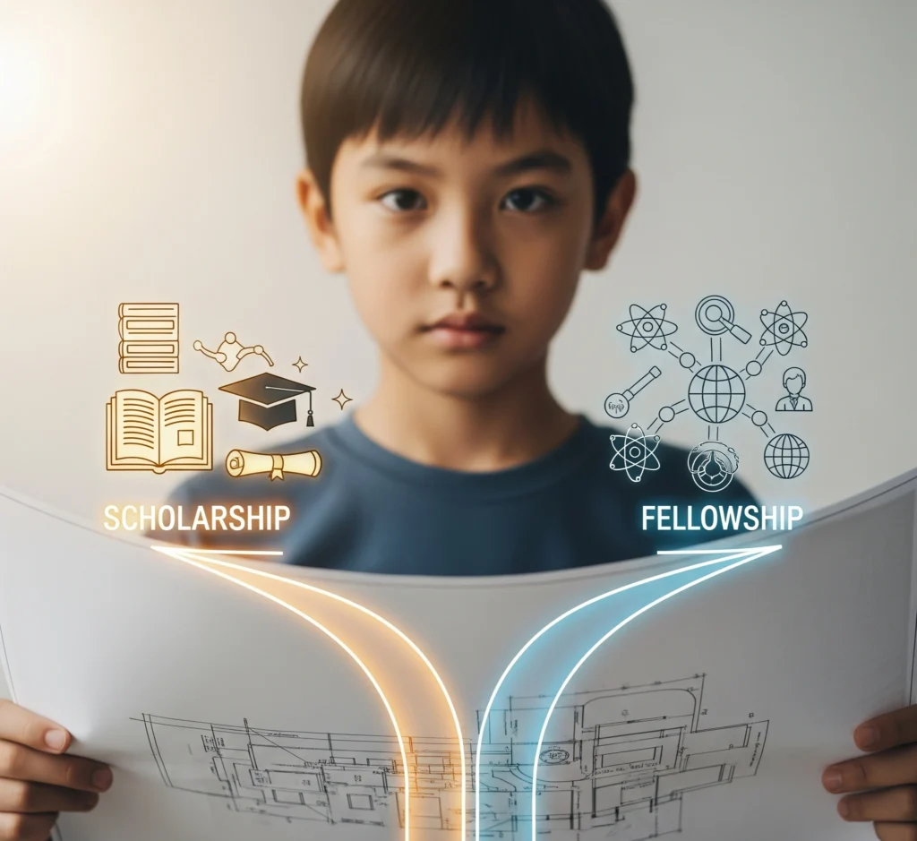 Gambar metafora seorang siswa yang memegang cetak biru dengan dua jalur berbeda, satu mengarah ke ikon beasiswa (buku, topi wisuda) dan yang lain ke ikon fellowship (penelitian, jaringan profesional), melamban