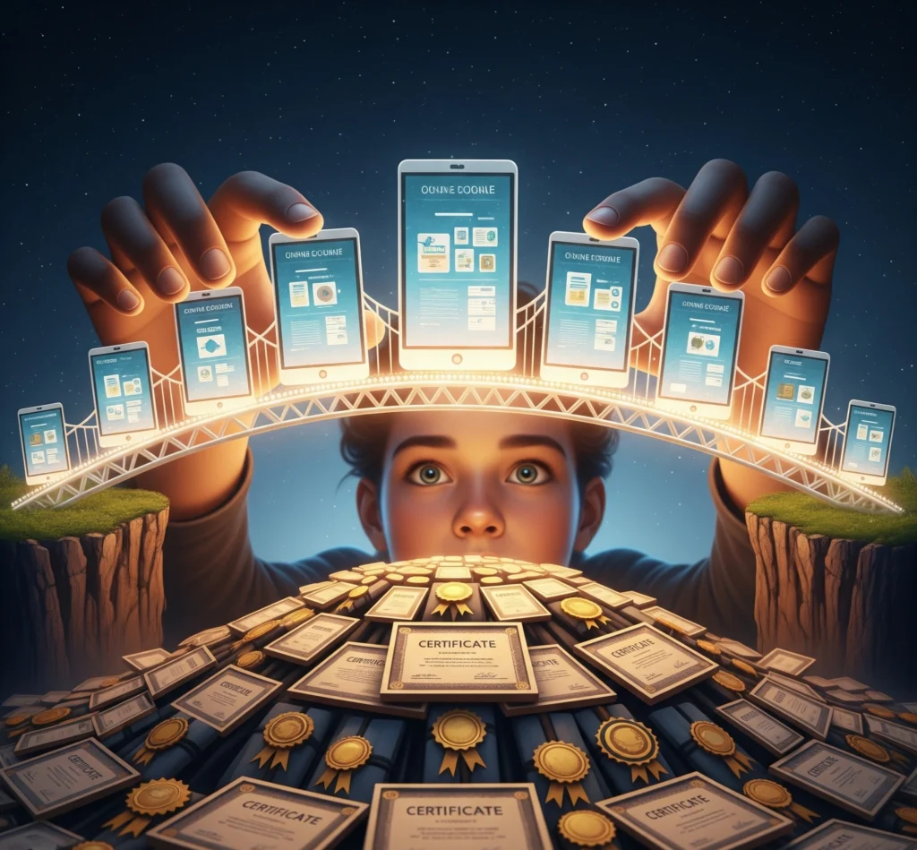 Gambar metafora seorang siswa yang membangun jembatan pengetahuan menggunakan modul kursus online yang bersinar, dengan sertifikat sebagai fondasi, melambangkan jalur strategis menuju kesuksesan belajar.