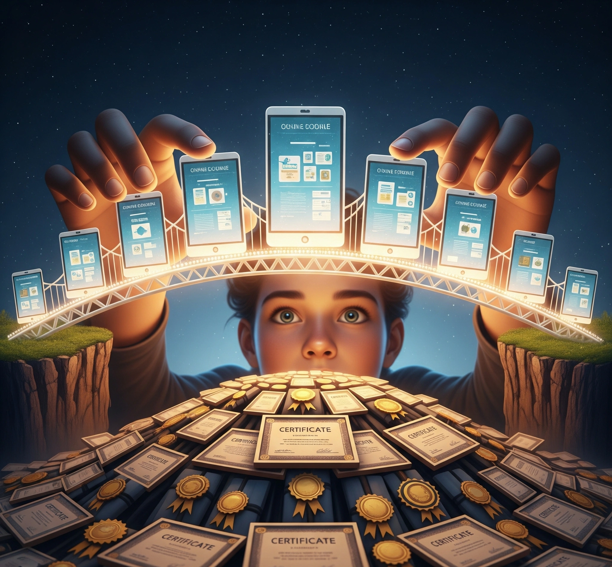 Gambar metafora seorang siswa yang membangun jembatan pengetahuan menggunakan modul kursus online yang bersinar, dengan sertifikat sebagai fondasi, melambangkan jalur strategis menuju kesuksesan belajar.