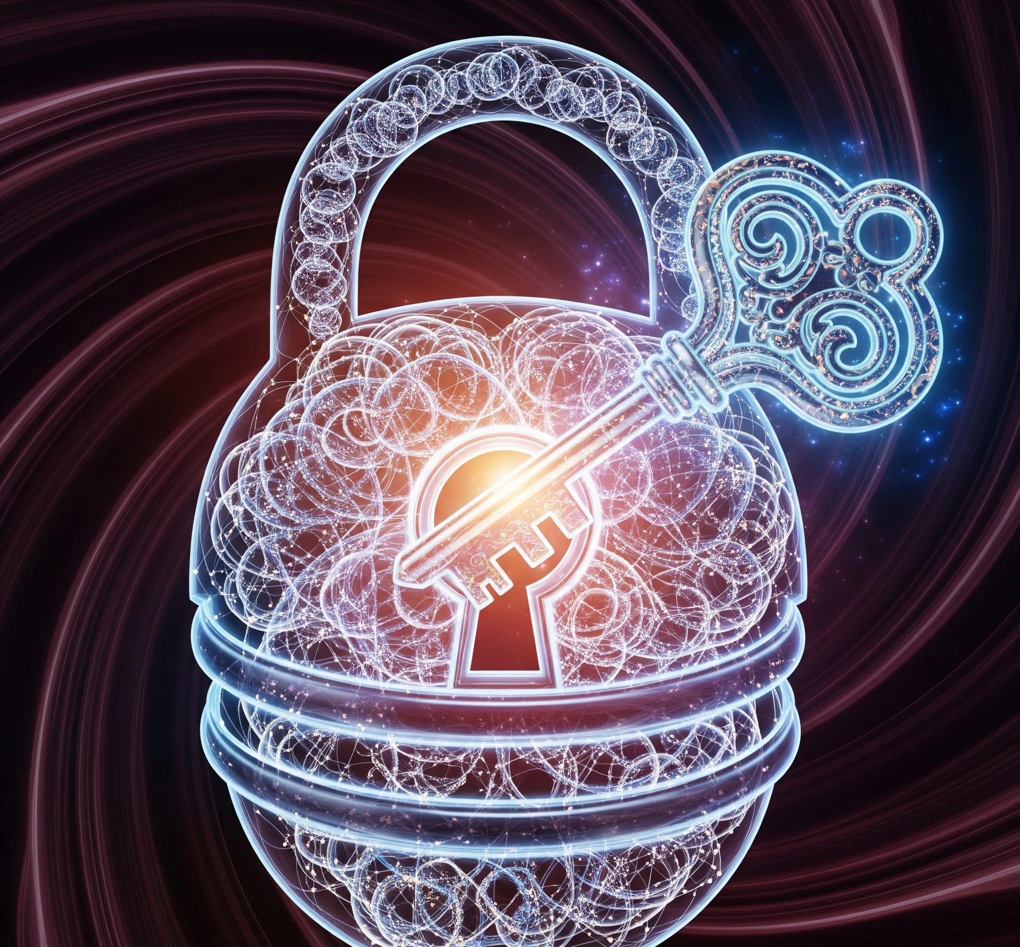 A stylized image of a glowing, intricate key fitting perfectly into a complex, multi-layered lock that resembles a brain or a digital network. The background is abstract, suggesting opportunity and future succ