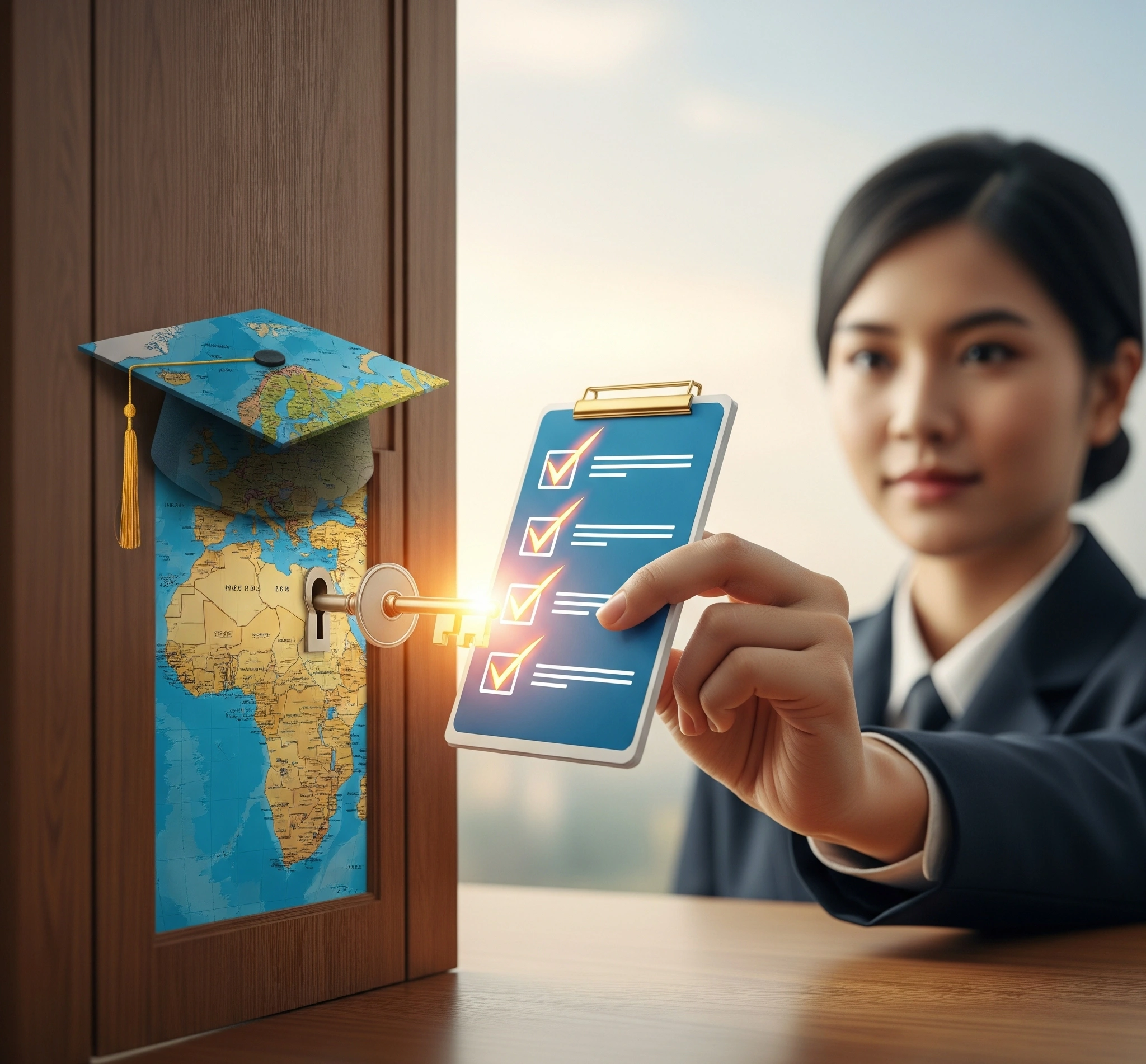 Gambar metafora tangan siswa yang memegang daftar periksa bercahaya yang berfungsi sebagai kunci, membuka pintu berbentuk topi wisuda atau peta global, melambangkan jalur strategis menuju keberhasilan beasiswa