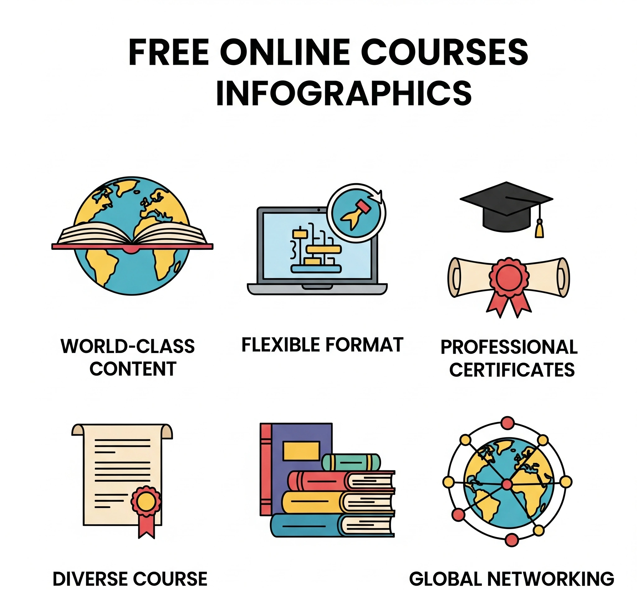 Infografis yang menampilkan proposisi nilai kursus online gratis Konten Kelas Dunia, Format Fleksibel, Sertifikat Profesional, Materi Pelajaran Beragam, dan Jaringan Global, masing-masing dengan ikon represent