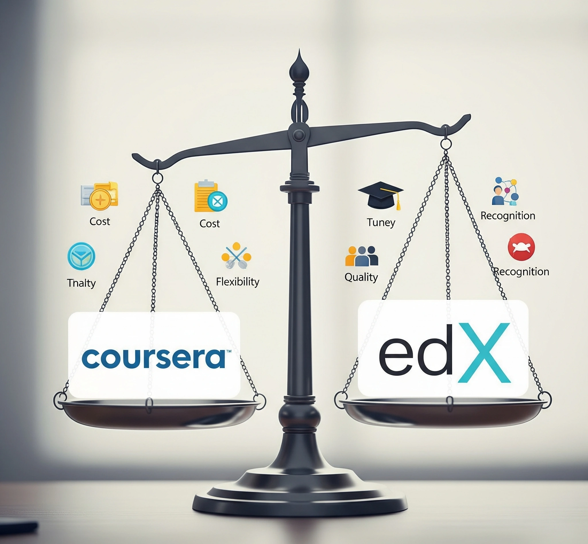 Gambar metafora yang menunjukkan timbangan digital dengan logo Coursera di satu sisi dan edX di sisi lain, dengan ikon-ikon kecil yang mewakili faktor-faktor seperti 'biaya', 'fleksibilitas', 'kualitas', dan '