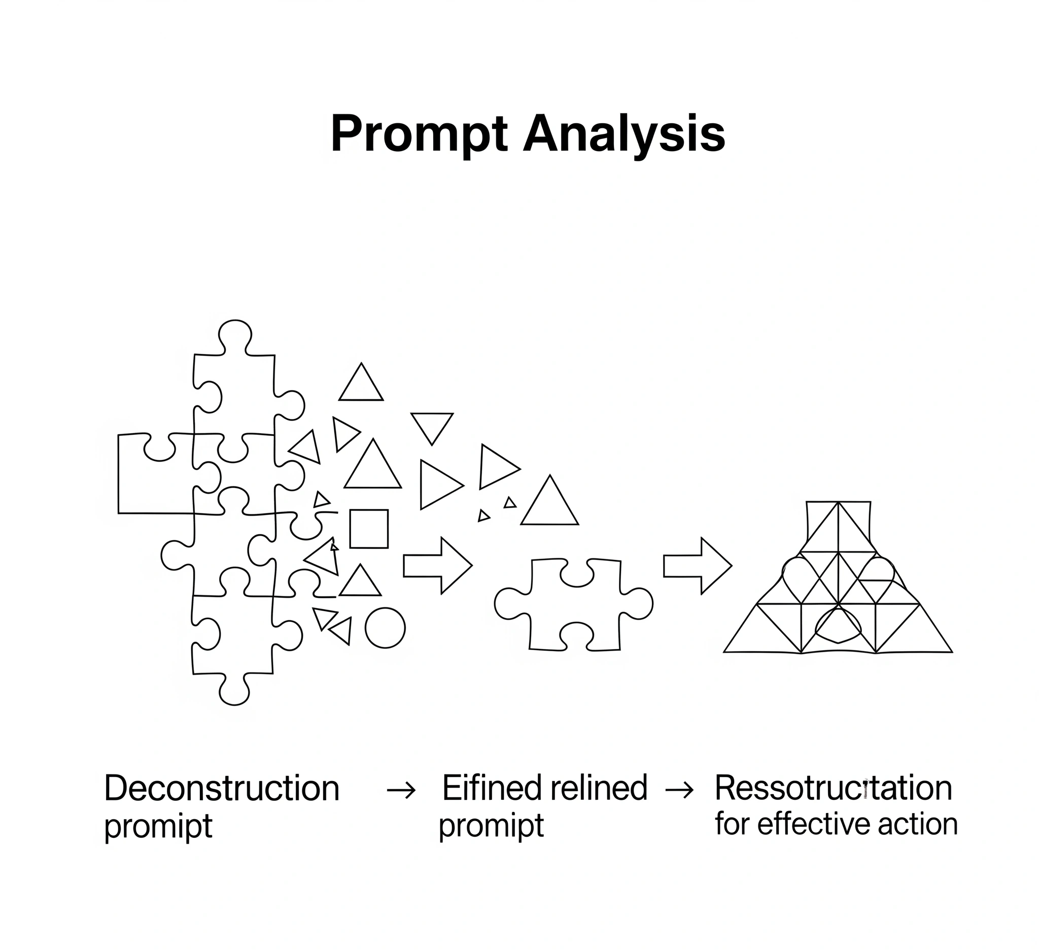 A diagram showing a complex puzzle piece being broken down into smaller, simpler shapes (deconstruct) and then reassembled into a clear, coherent, and more robust structure (reconstruct), symbolizing the promp