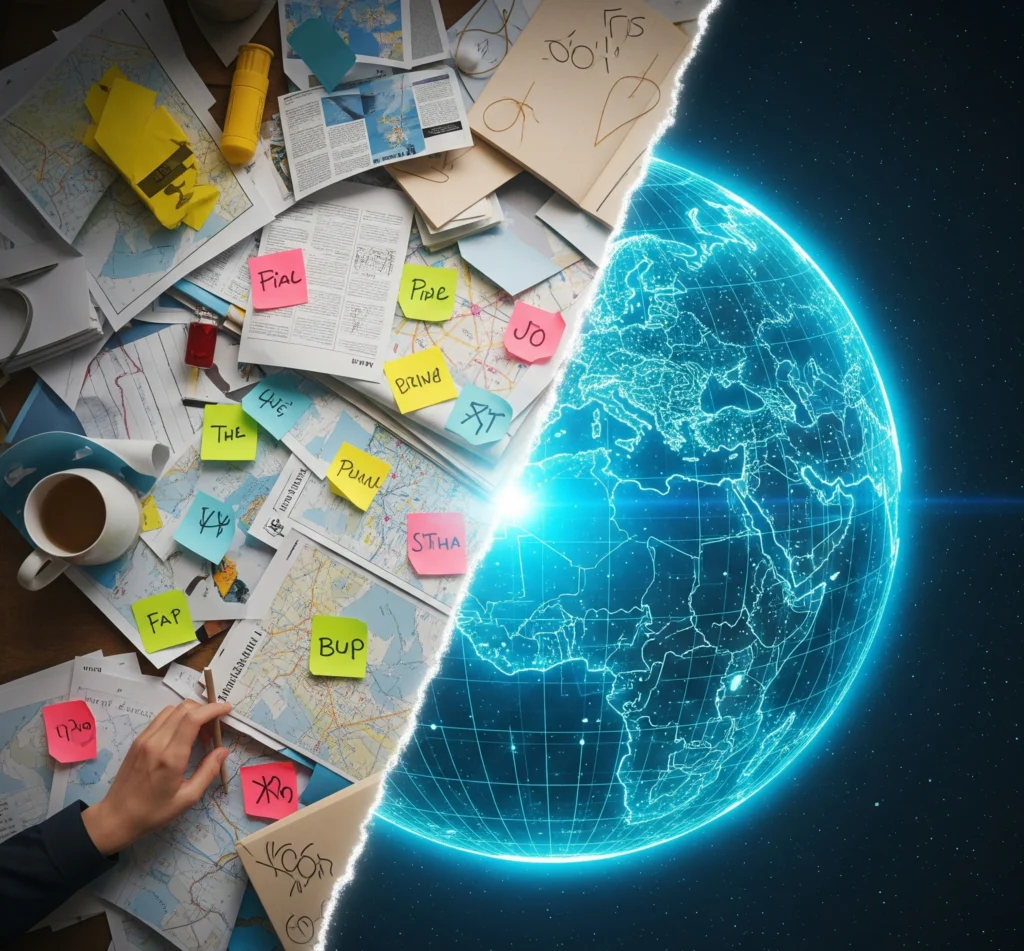 A conceptual image showing the transformation from a chaotic study abroad search, represented by messy papers, to a clear, strategic plan, represented by a glowing digital blueprint of the globe.