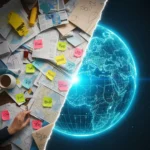 A conceptual image showing the transformation from a chaotic study abroad search, represented by messy papers, to a clear, strategic plan, represented by a glowing digital blueprint of the globe.