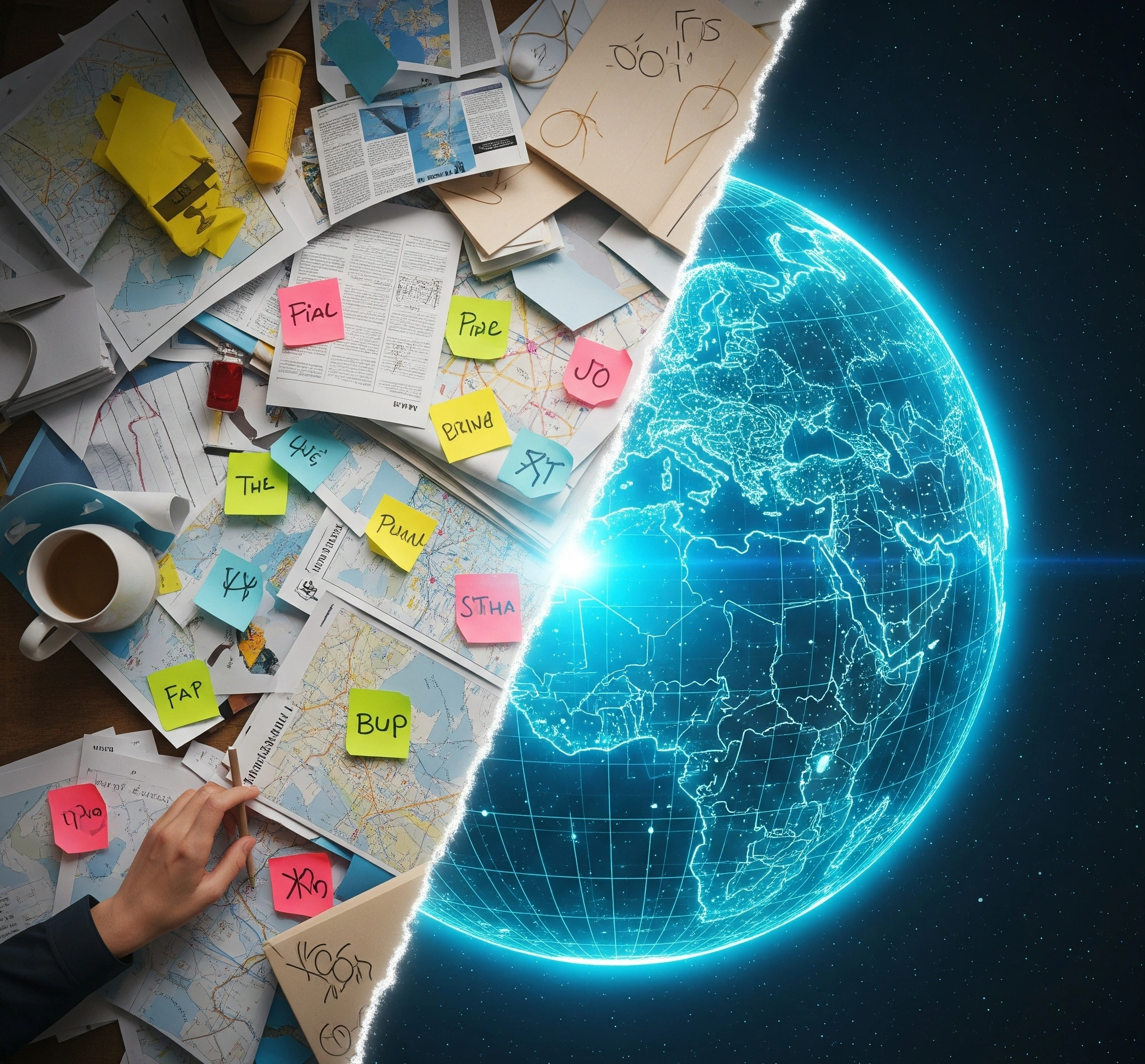 A conceptual image showing the transformation from a chaotic study abroad search, represented by messy papers, to a clear, strategic plan, represented by a glowing digital blueprint of the globe.