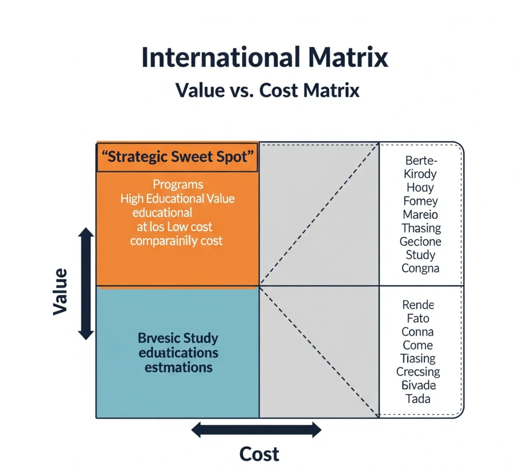 A diagram of the Value vs. Cost Matrix for study abroad, highlighting the top-left 'Strategic Sweet Spot' quadrant, which represents high-value, low-cost destinations.