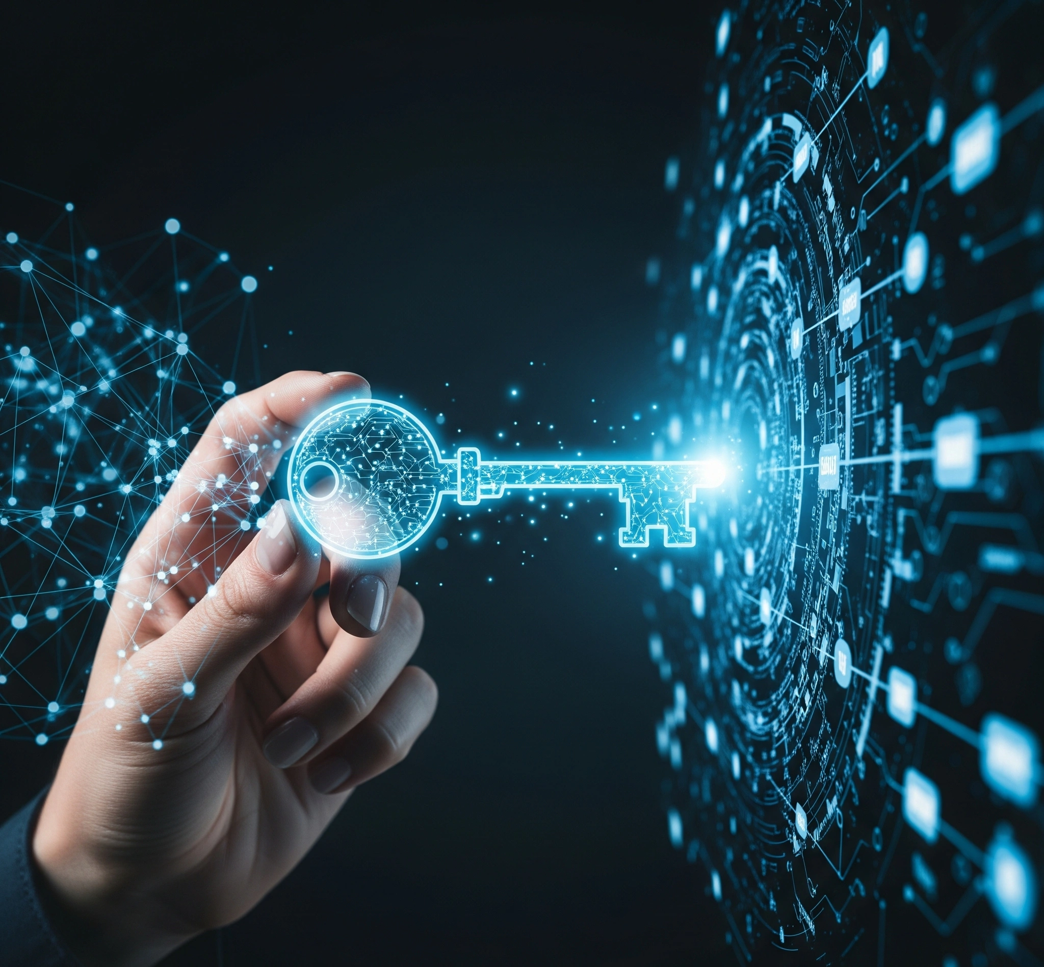A metaphorical image of a hand holding a glowing, intricate key, about to unlock a complex digital network representing hidden scholarship opportunities.