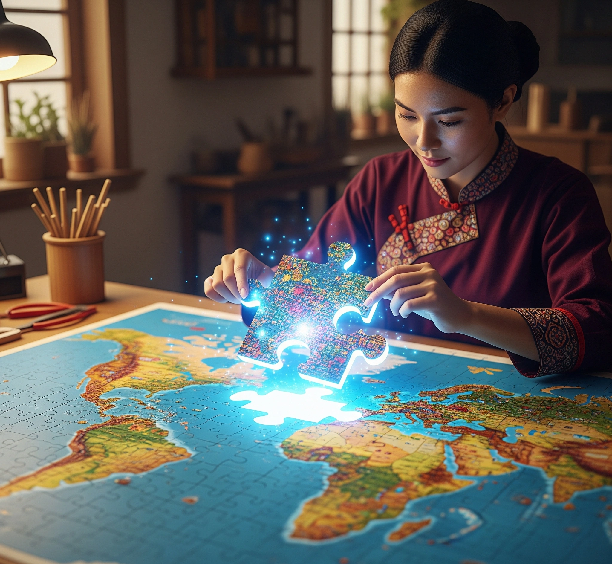 A metaphorical image of a skilled artisan carefully fitting a uniquely shaped, glowing puzzle piece (representing a student's unique profile) into a complex global map puzzle.
