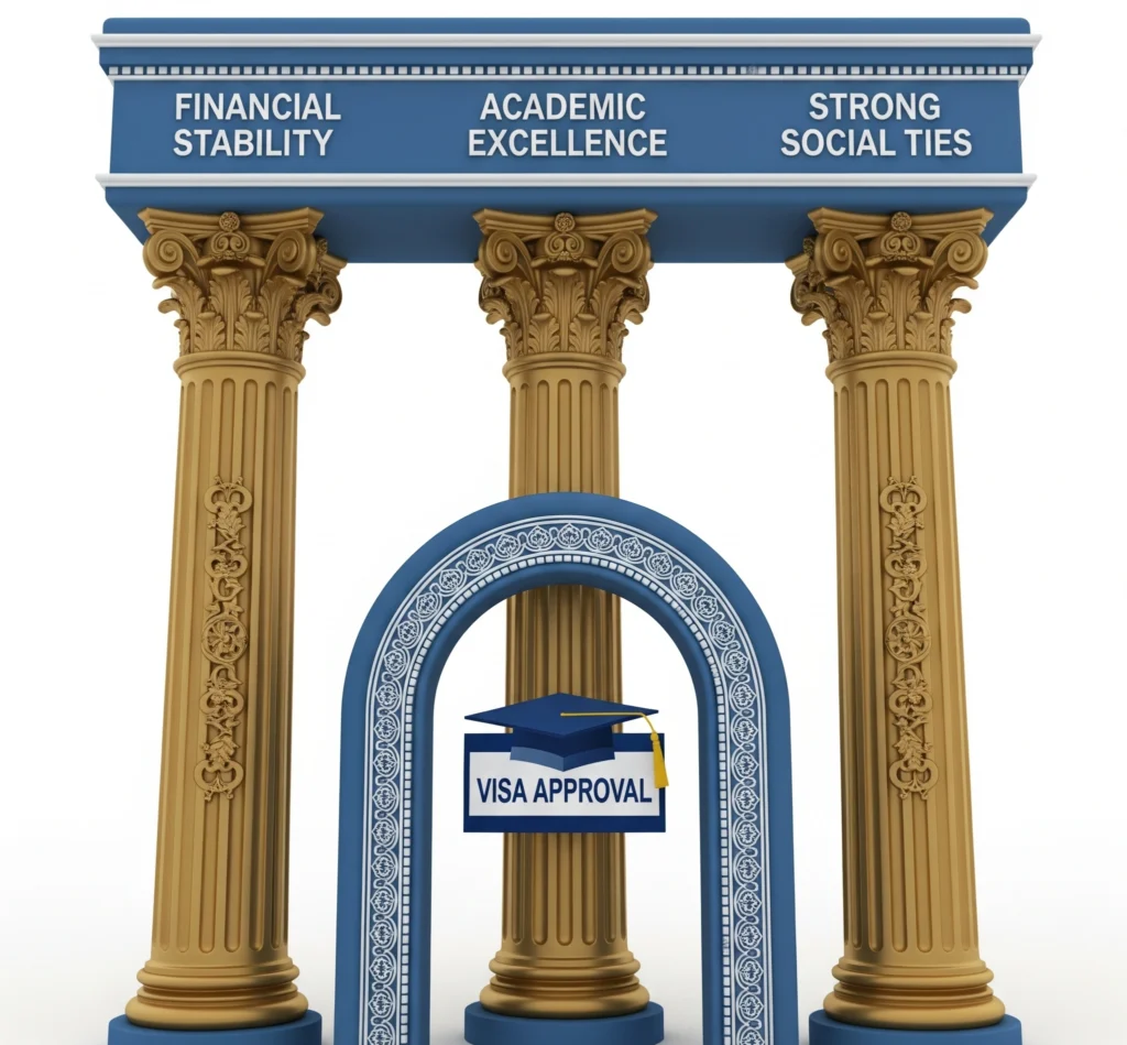A metaphorical image showing three pillars of trust (Financial, Academic, Social Ties) supporting the archway to 'Visa Approval.'