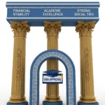 A metaphorical image showing three pillars of trust (Financial, Academic, Social Ties) supporting the archway to 'Visa Approval.'