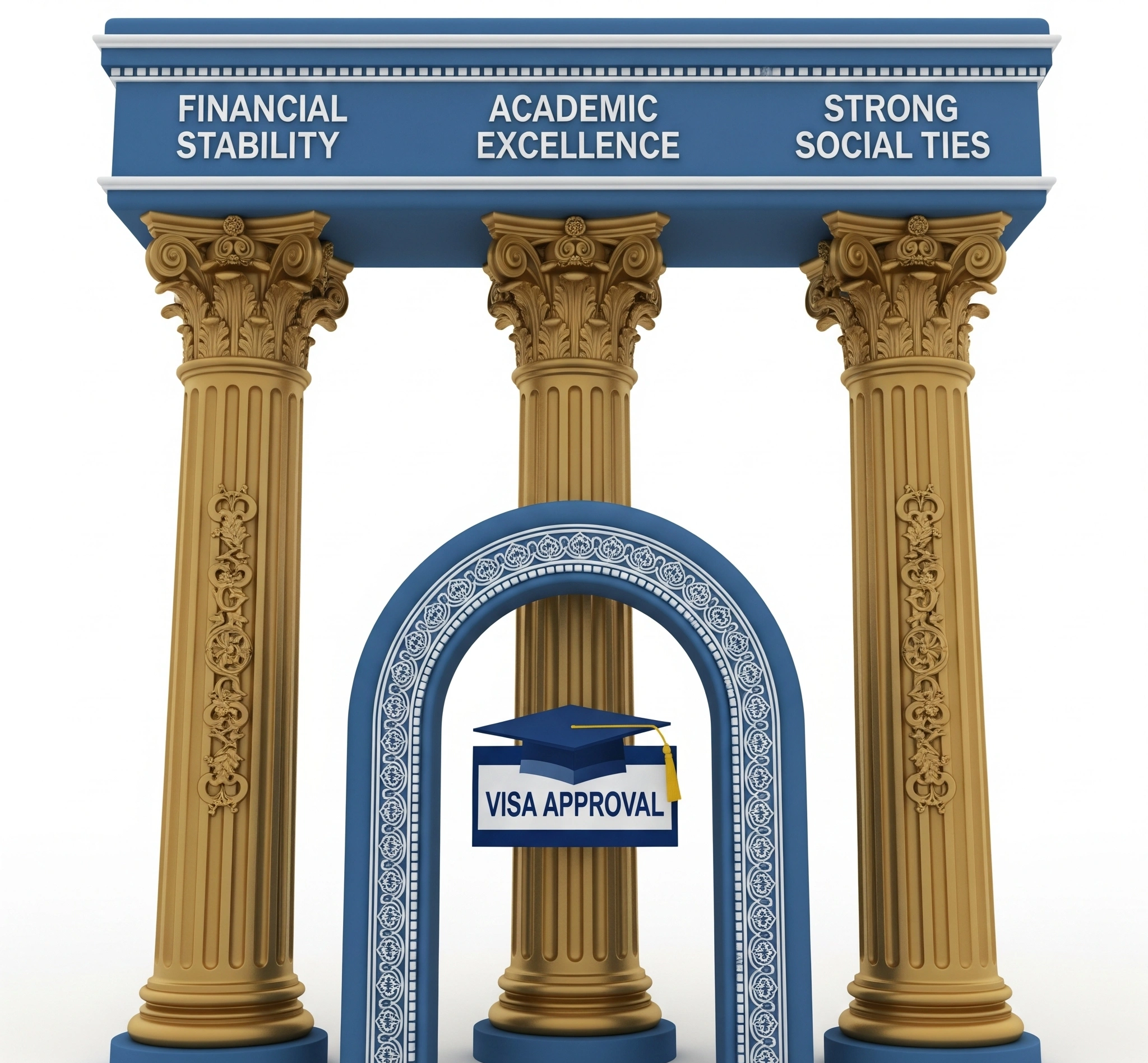 A metaphorical image showing three pillars of trust (Financial, Academic, Social Ties) supporting the archway to 'Visa Approval.'