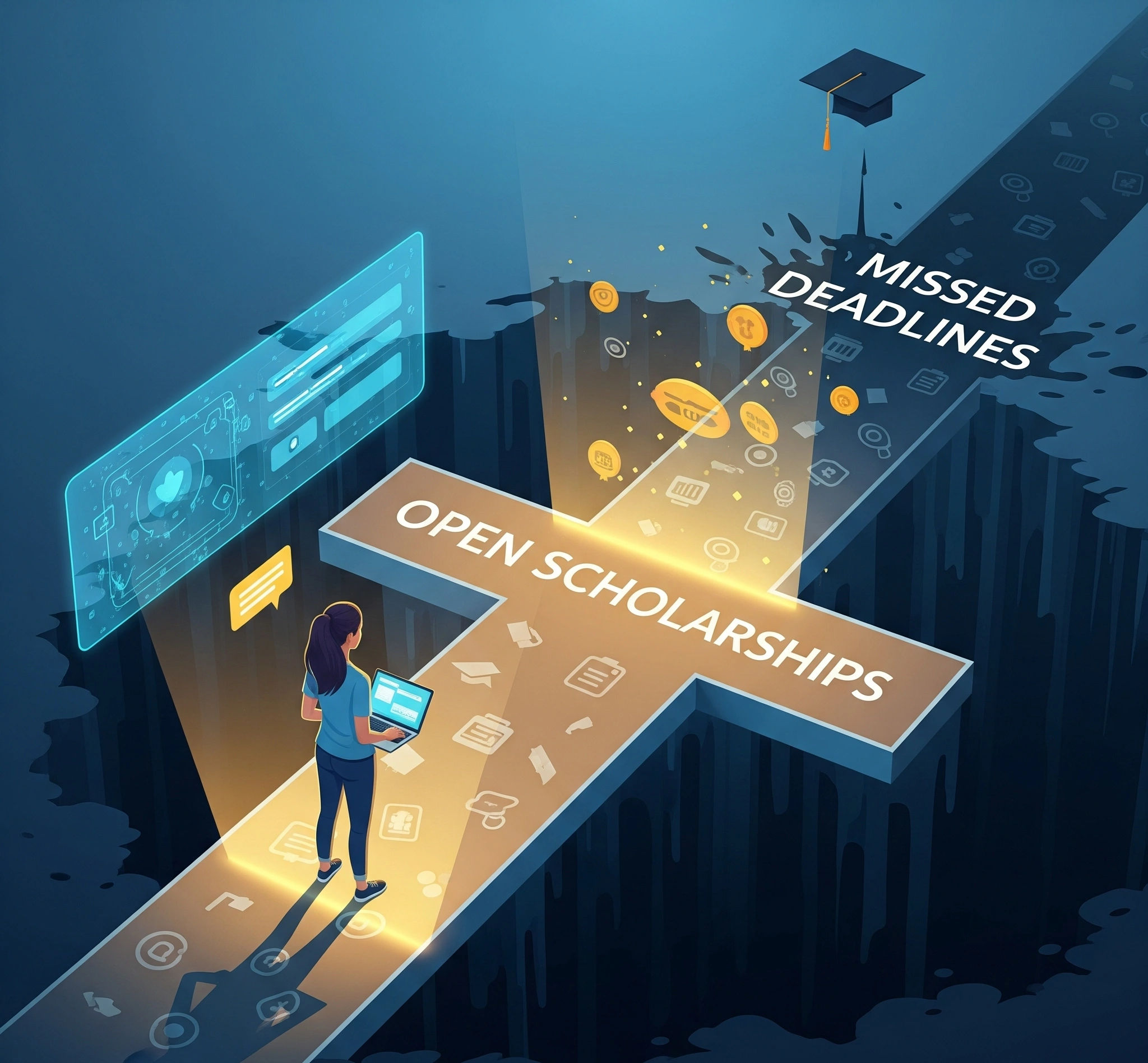 A student at a digital crossroads, choosing an illuminated strategic path to find open scholarships over a dark path of missed deadlines, symbolizing a smarter approach to funding.