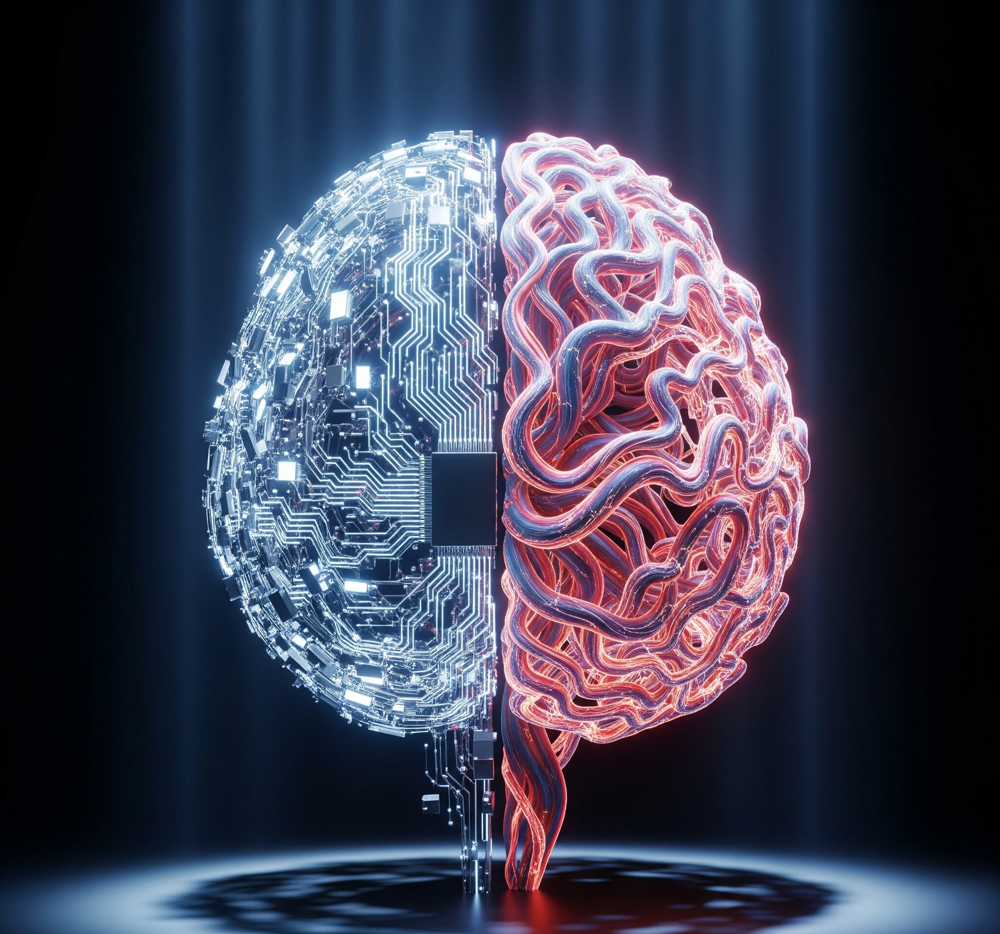 A symbolic and artistic image representing the paradox of artificial intelligence a glowing, complex digital brain structure half-made of cold, hard circuits and half made of organic, flowing natural patterns,