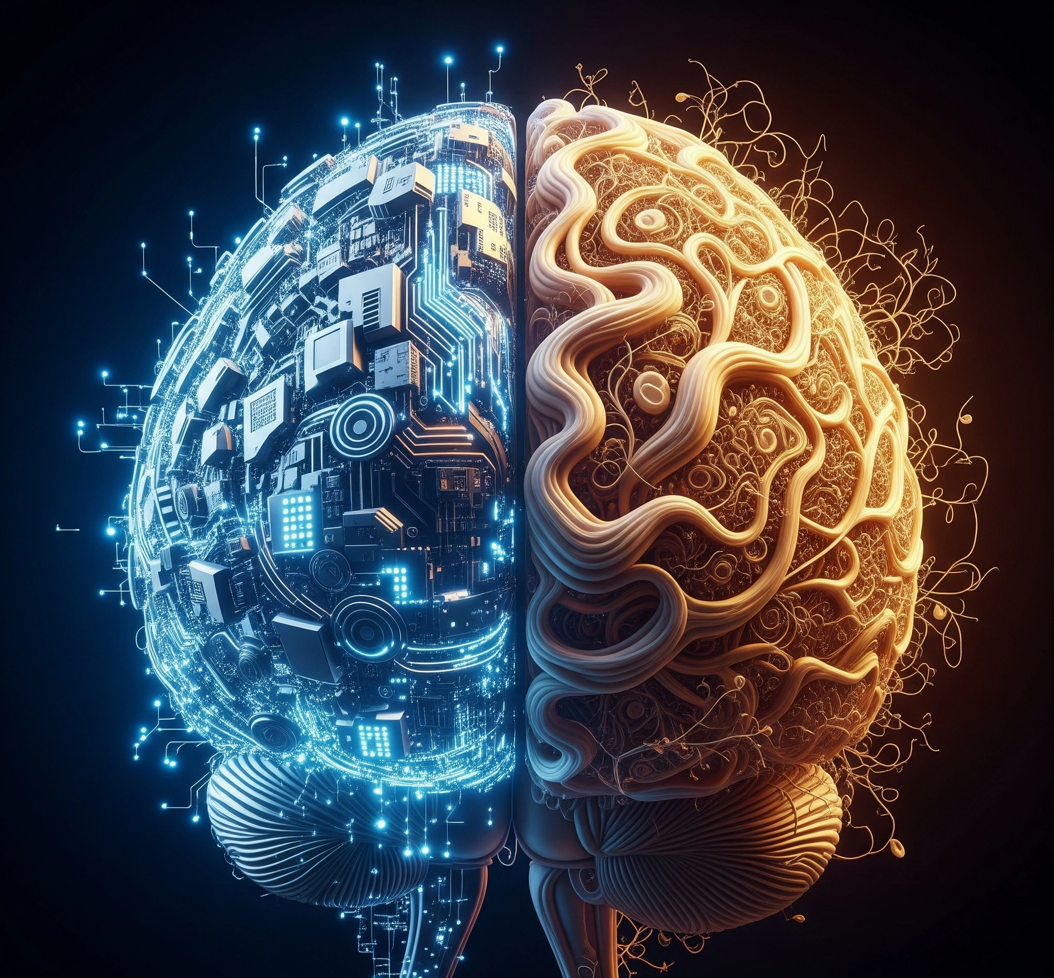 A symbolic and artistic image representing the paradox of artificial intelligence a glowing, complex digital brain structure half-made of cold, hard circuits and half made of organic, flowing natural patterns,