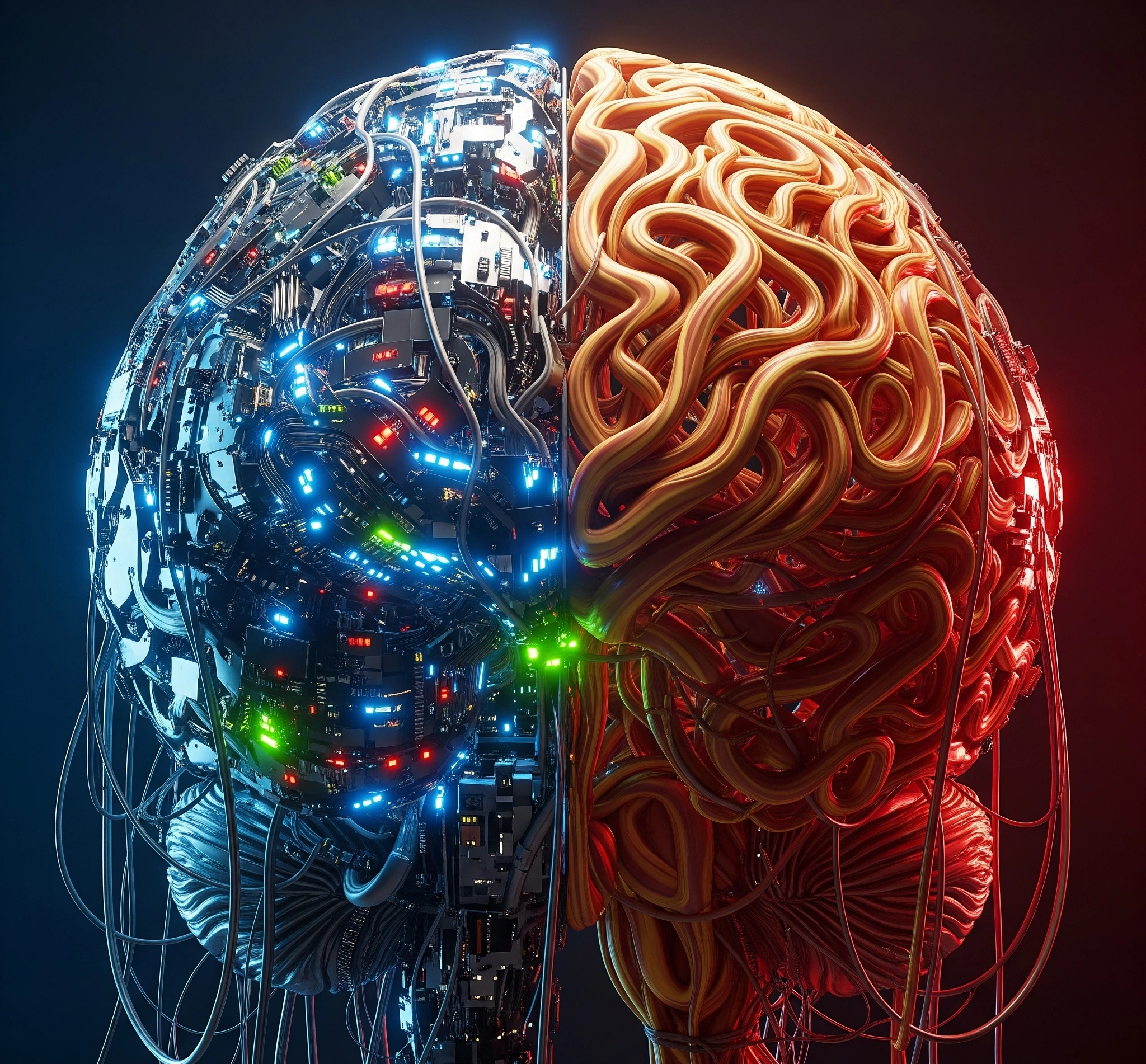A symbolic and artistic image representing the paradox of artificial intelligence: a glowing, complex digital brain structure half-made of cold, hard circuits and half made of organic, flowing natural patterns,