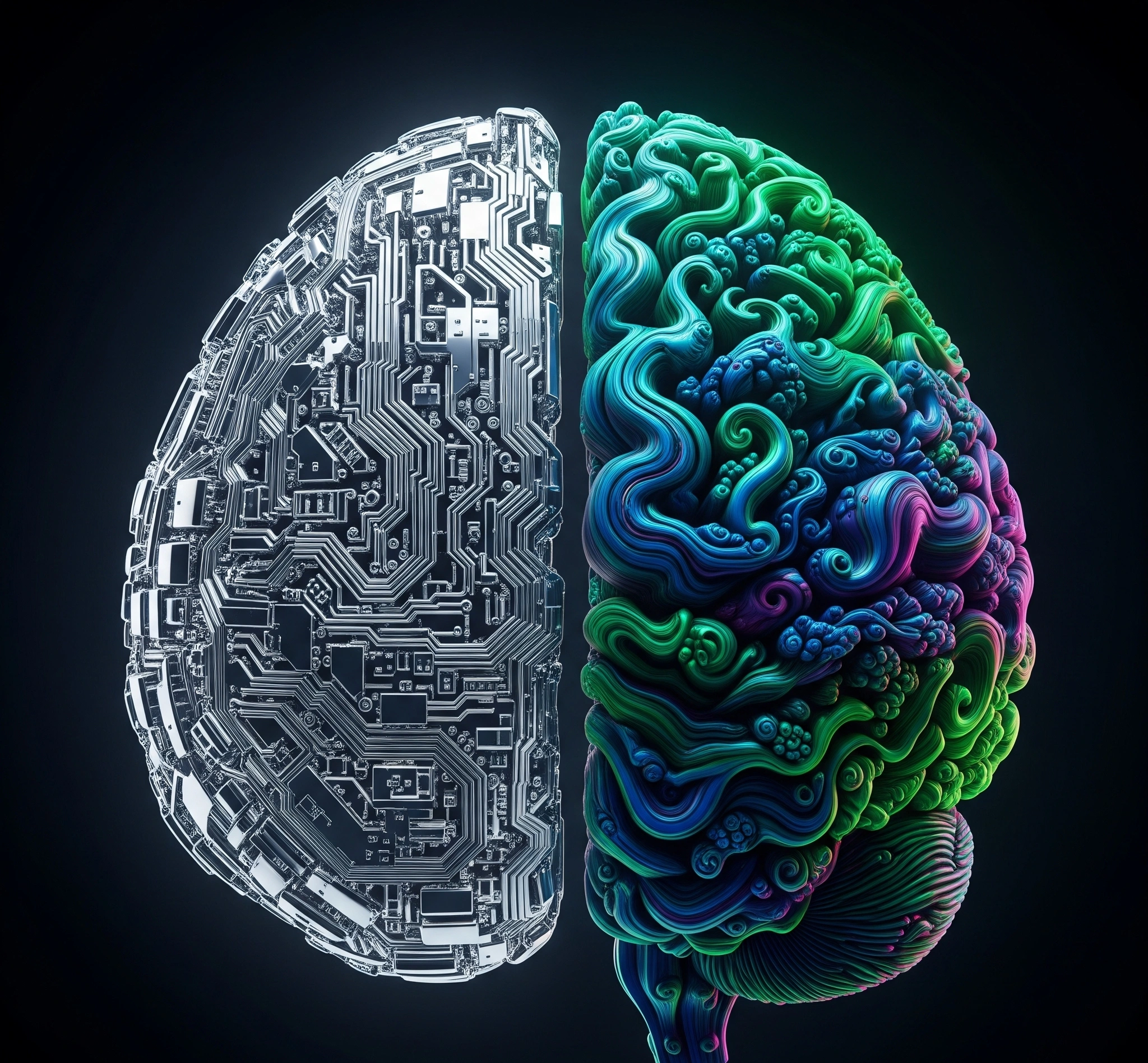 A symbolic and artistic image representing the paradox of artificial intelligence a glowing, complex digital brain structure half-made of cold, hard circuits and half made of organic, flowing natural patterns,