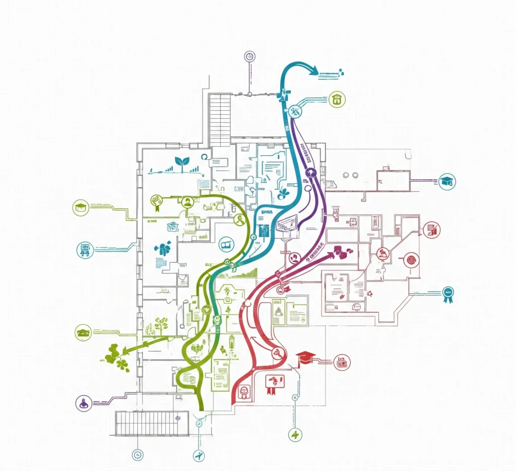 A detailed architectural blueprint overlayed with interconnected pathways and symbols of personal growth and academic achievements, illustrating the 'Integrated Narrative Blueprint' for academic applications.