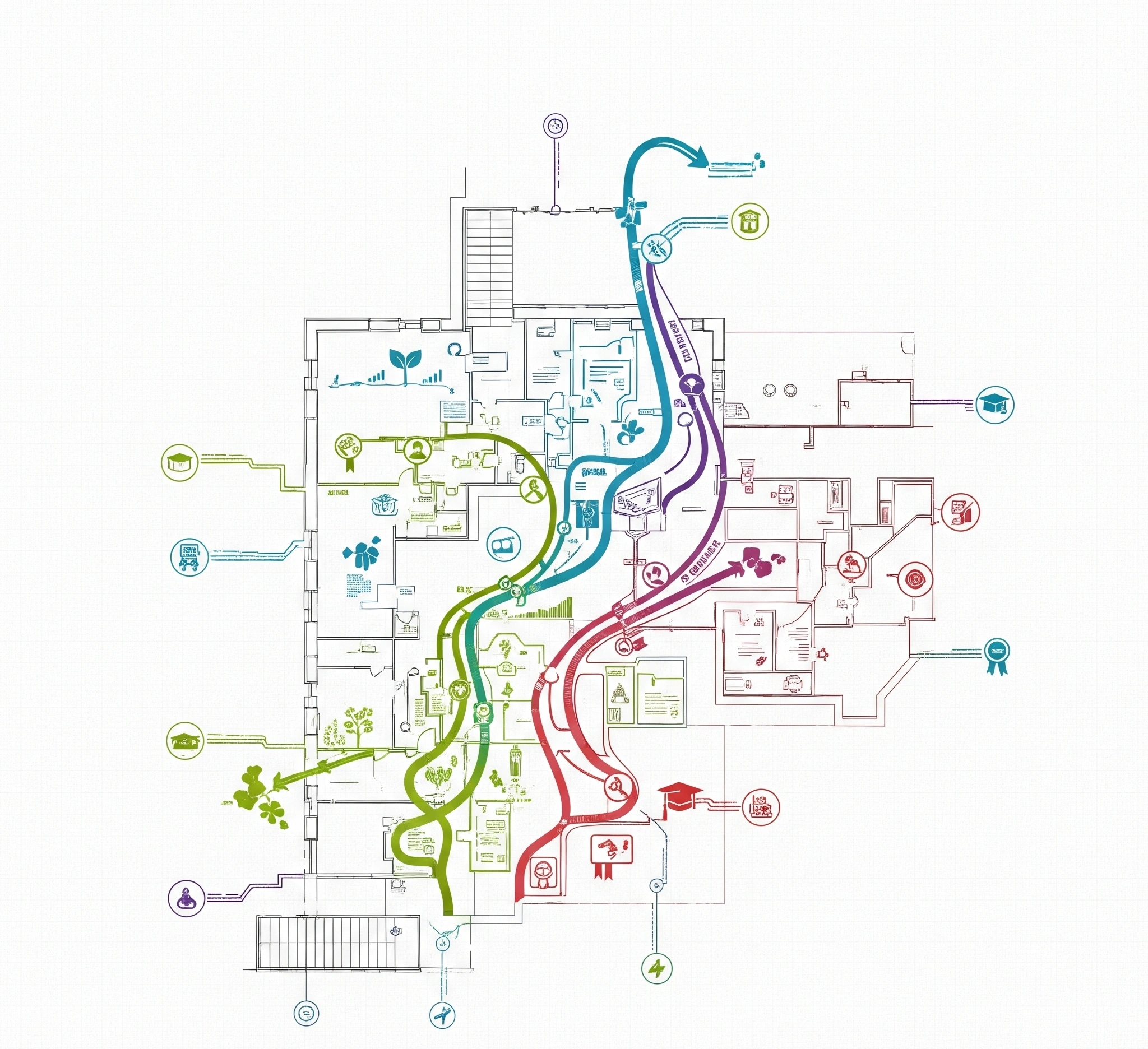 A detailed architectural blueprint overlayed with interconnected pathways and symbols of personal growth and academic achievements, illustrating the 'Integrated Narrative Blueprint' for academic applications.