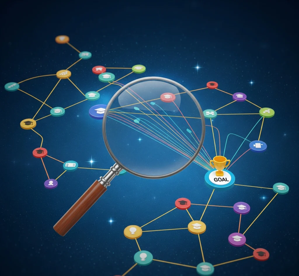 A conceptual image depicting a magnifying glass hovering over a vast network of interconnected online courses, symbolizing the strategic selection process. Lines connect specific courses to a clear goal icon (