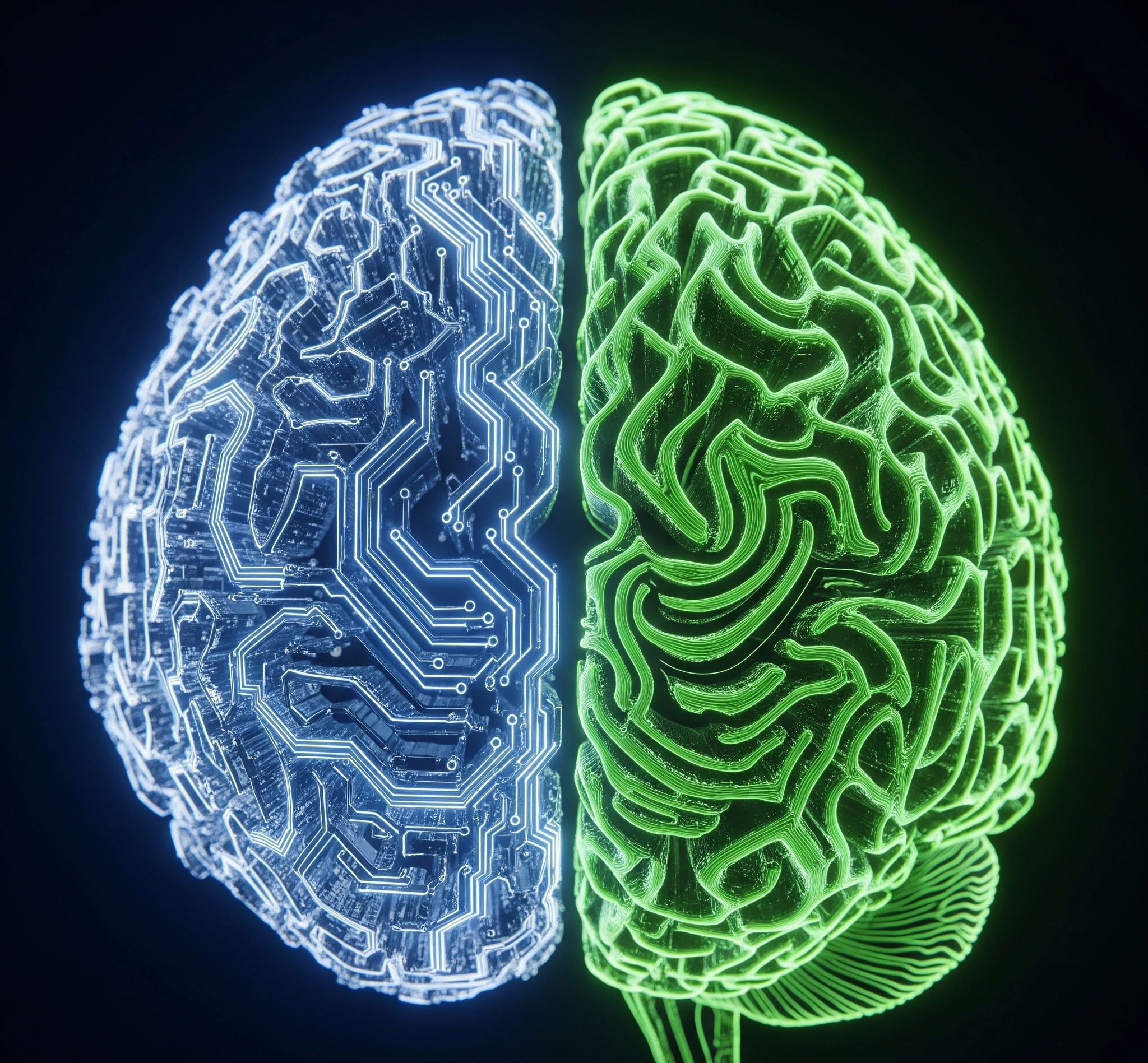 A symbolic and artistic image representing the paradox of artificial intelligence a glowing, complex digital brain structure half-made of cold, hard circuits and half made of organic, flowing natural patterns,
