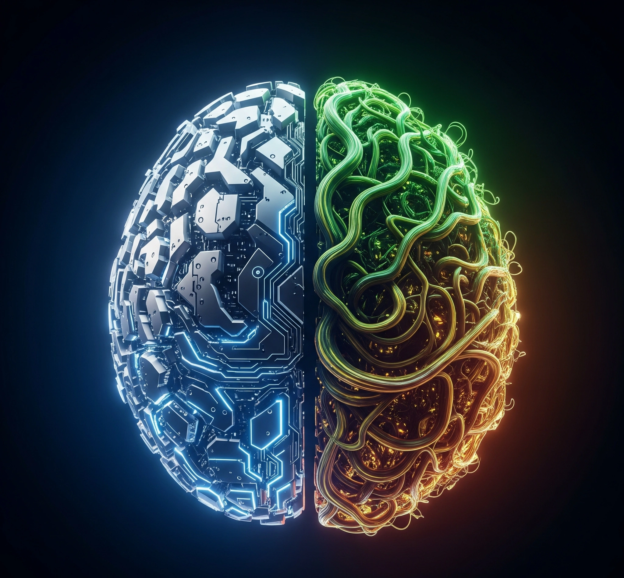 A symbolic and artistic image representing the paradox of artificial intelligence a glowing, complex digital brain structure half-made of cold, hard circuits and half made of organic, flowing natural patterns,