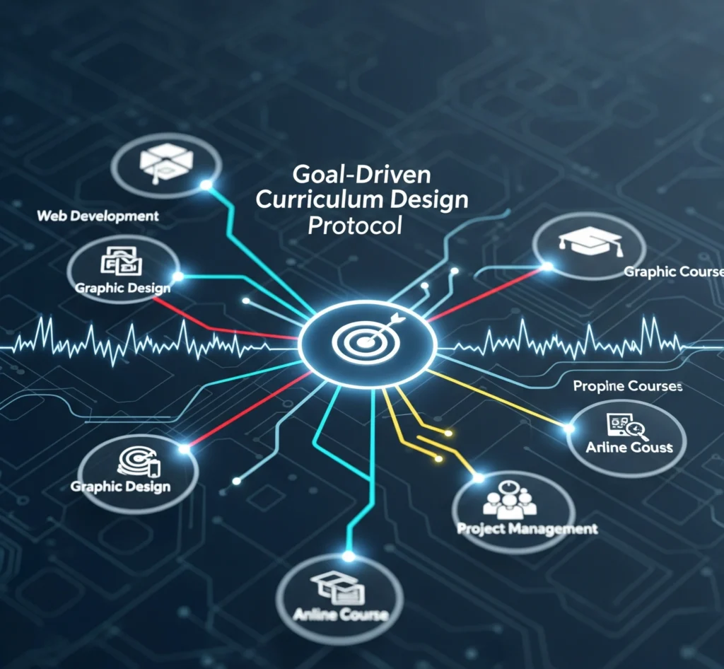 A conceptual image illustrating a digital blueprint or circuit board with interconnected nodes leading to a clear 'goal' icon (e.g., a target or a trophy). Lines connect various online course icons to this goa