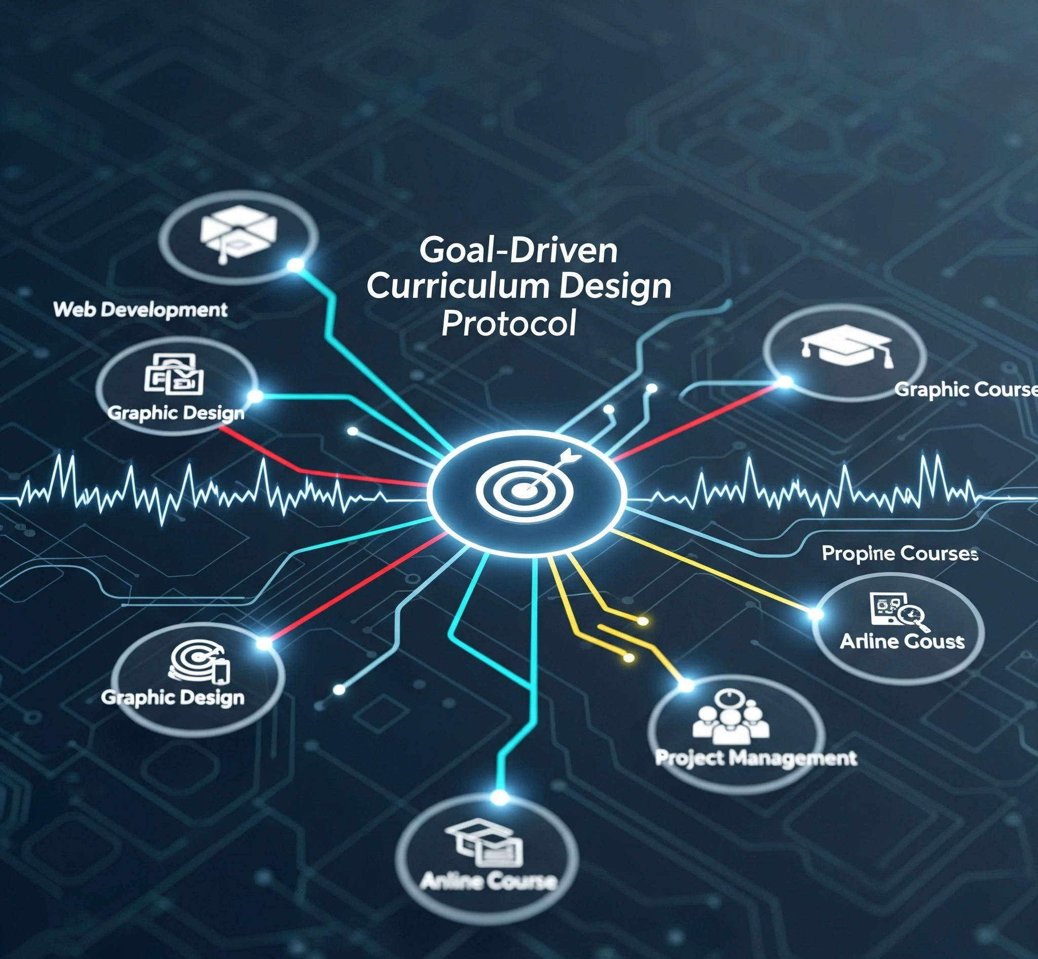 A conceptual image illustrating a digital blueprint or circuit board with interconnected nodes leading to a clear 'goal' icon (e.g., a target or a trophy). Lines connect various online course icons to this goa