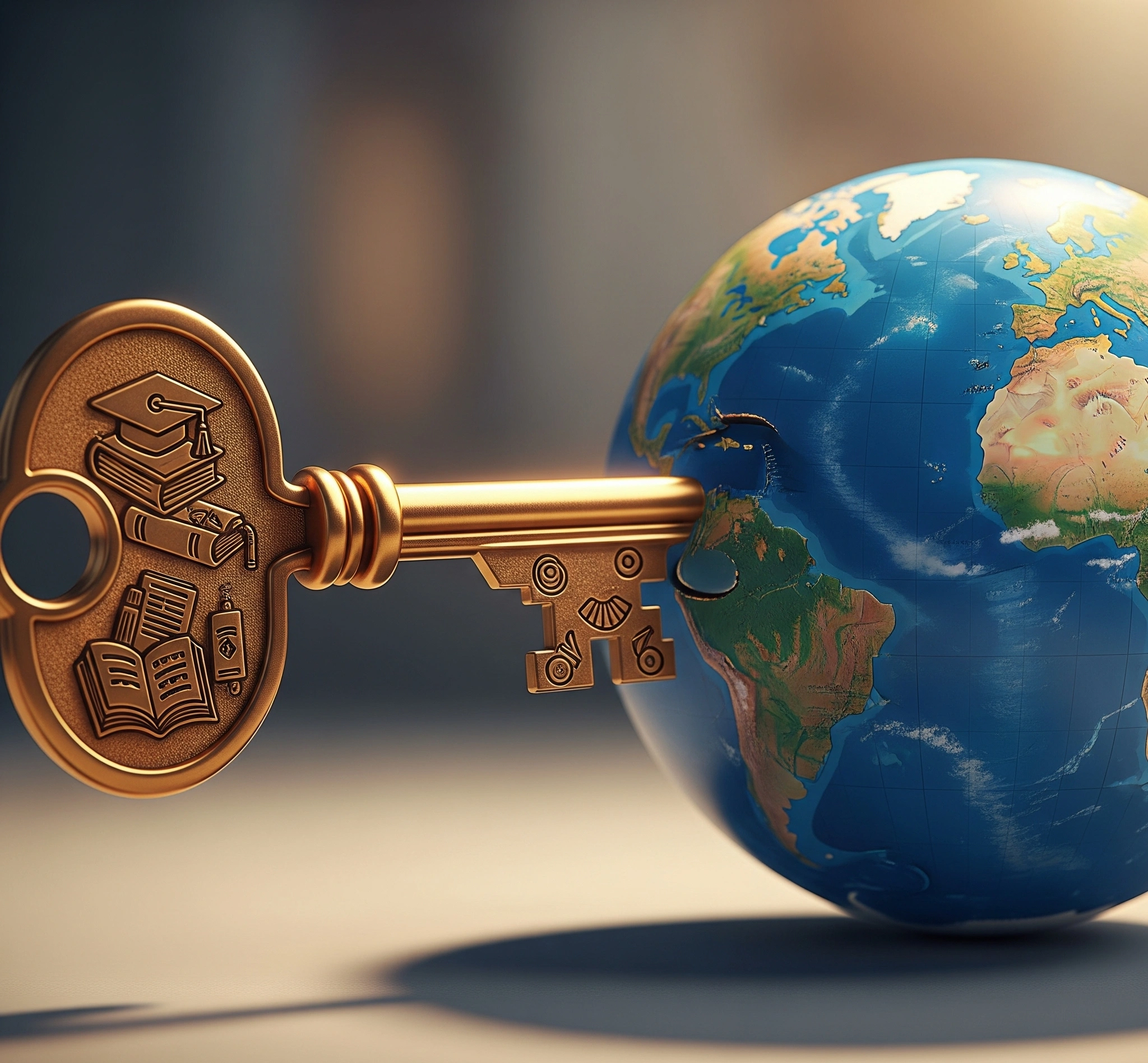 A metaphorical image depicting a golden key unlocking a globe, symbolizing how scholarships unlock global education opportunities. The key is intricately designed with academic symbols like books and graduatio